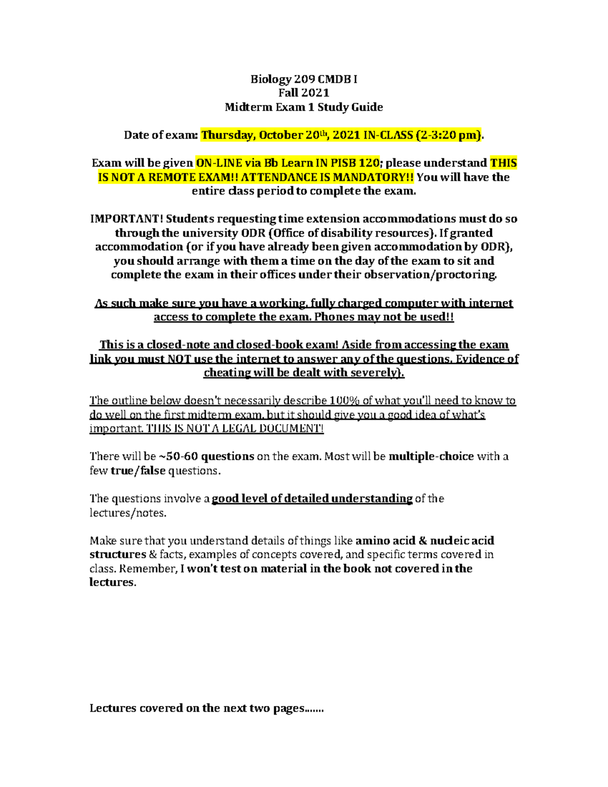 Bio 209 CMDB I Fall 2022 Midterm exam 1 Study Guide - Biology 209 CMDB ...