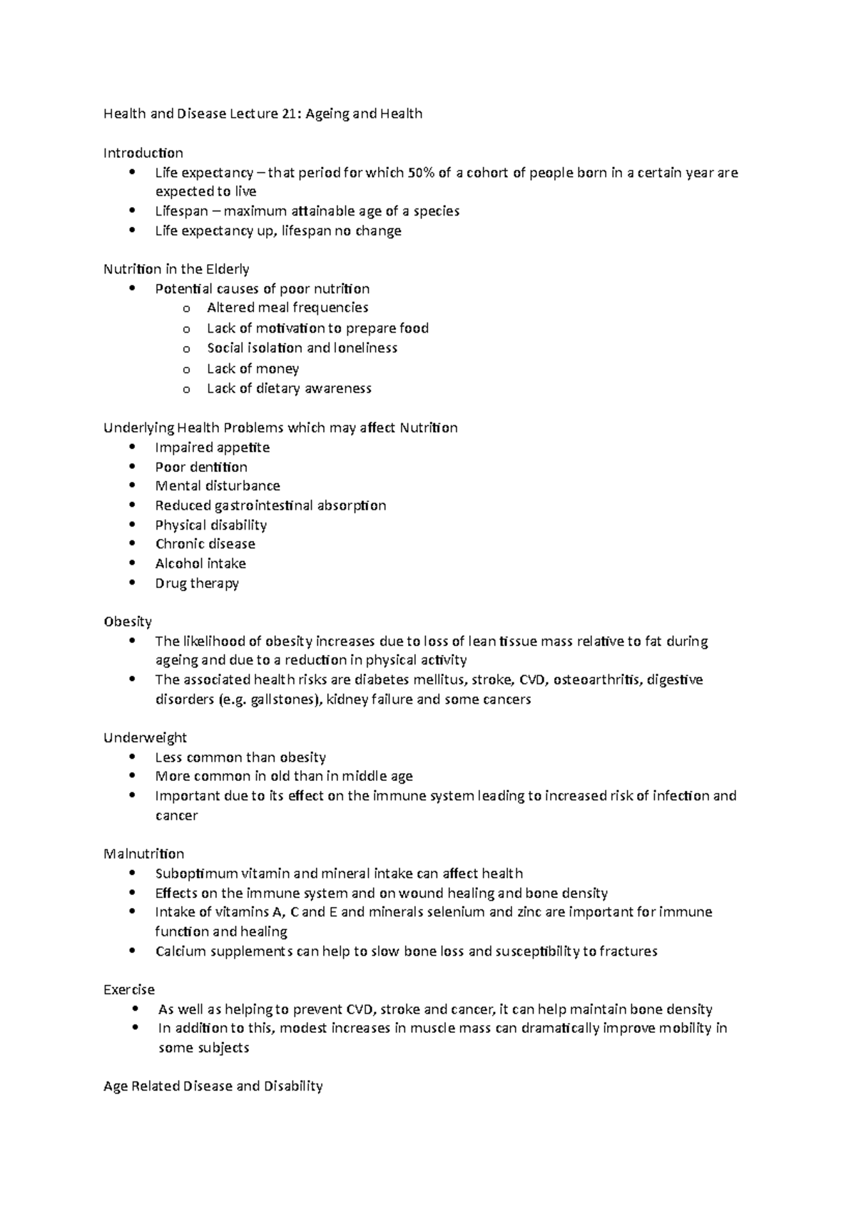 Lecture 21 Notes - Ageing and Health - Health and Disease Lecture 21 ...