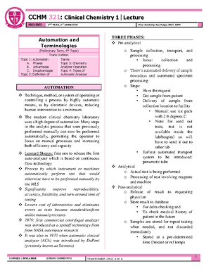 2 CCHM Trans LEC - CCHM321 | BSMLS 2024 CLINICAL CHEMISTRY 1 1 CCHM 321 ...