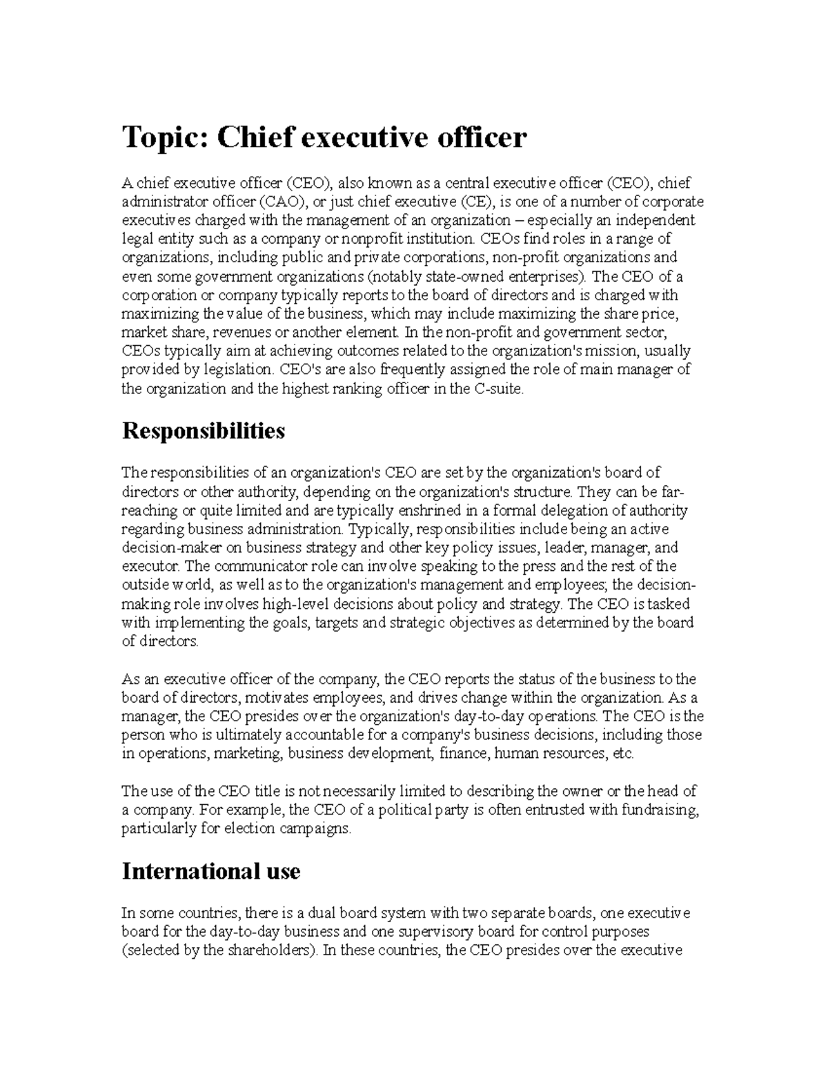 What Is A Chief Executive Officer In A Hospital