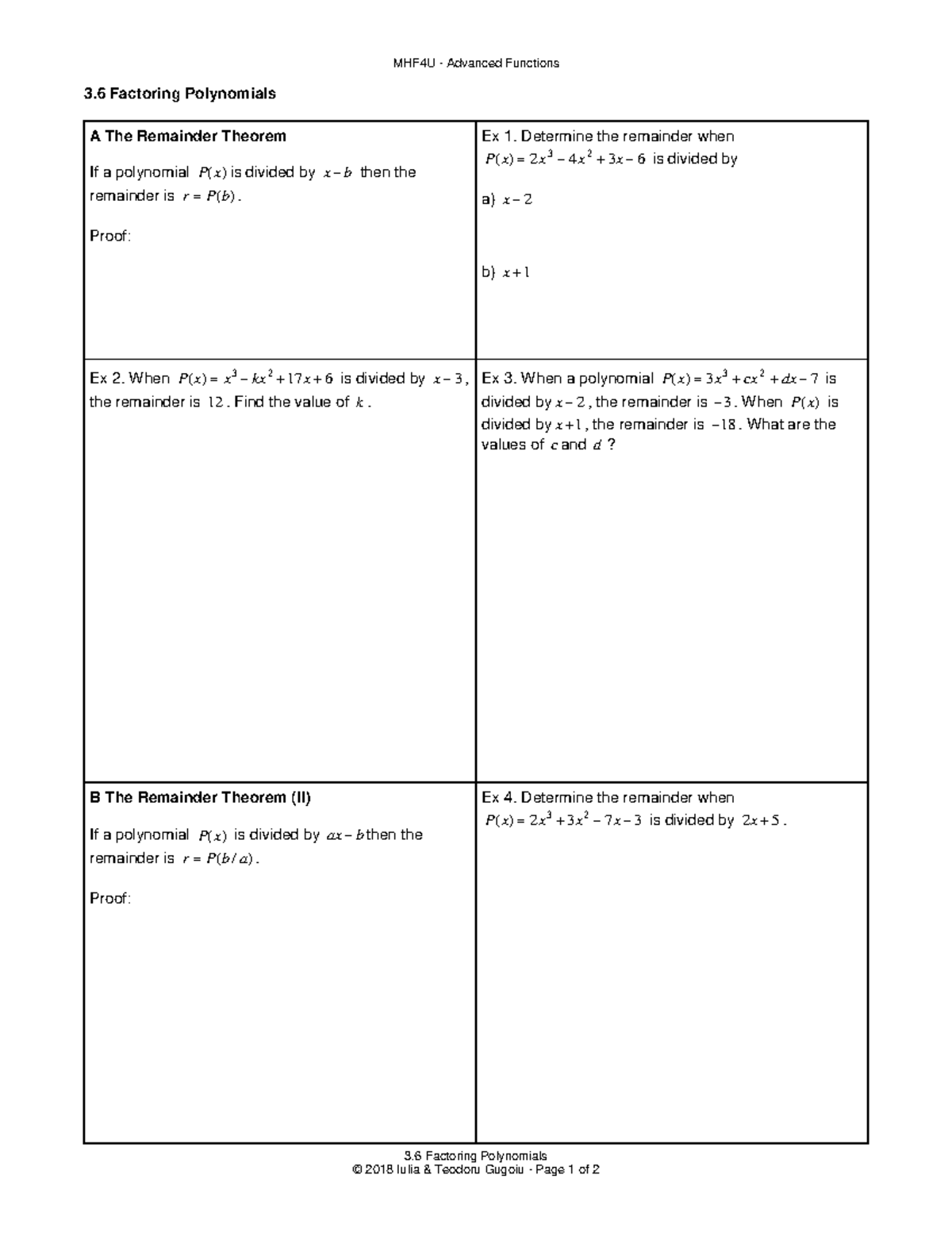 Calculus practice material factoring polynomials - 208 - John Abbott ...