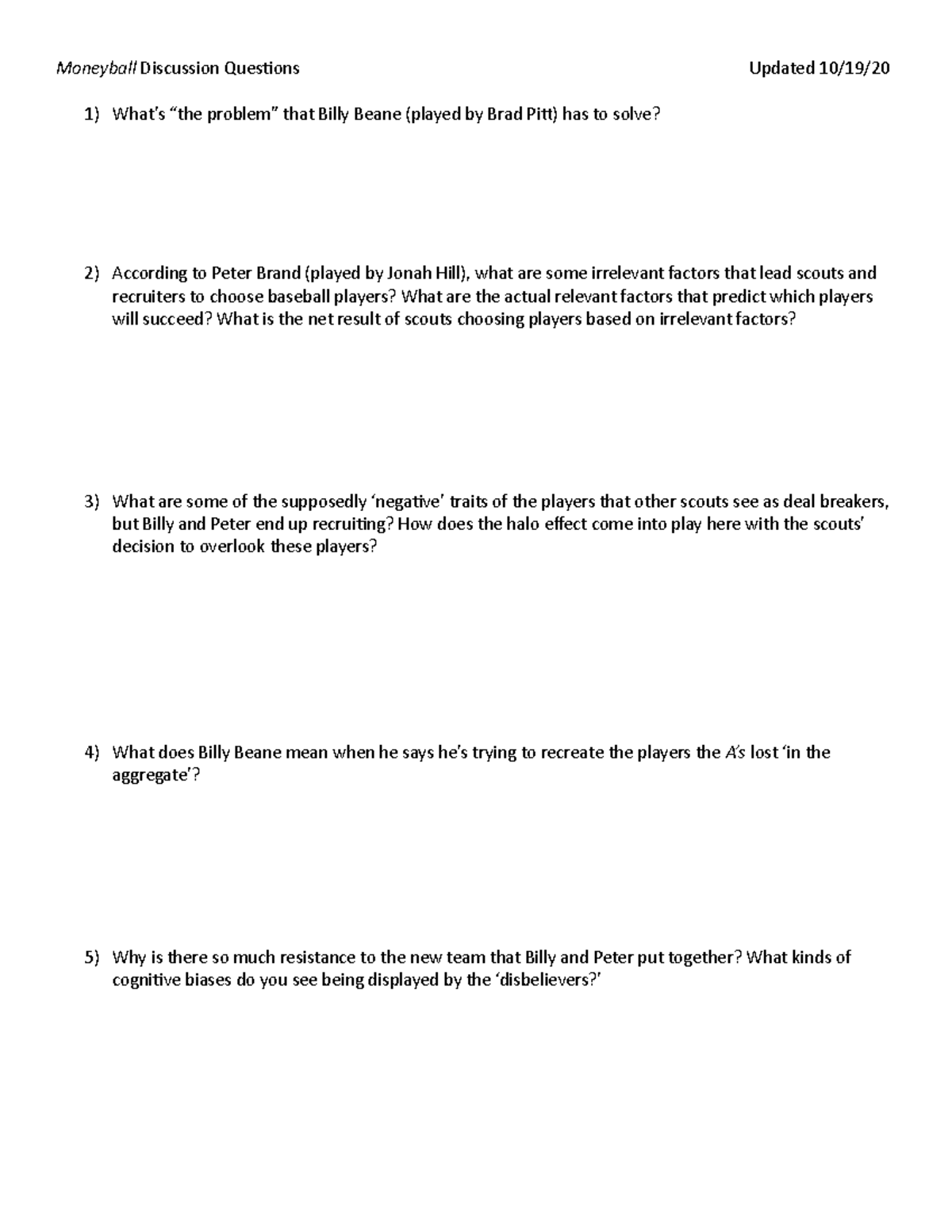 Moneyball Discussion Questions Studocu