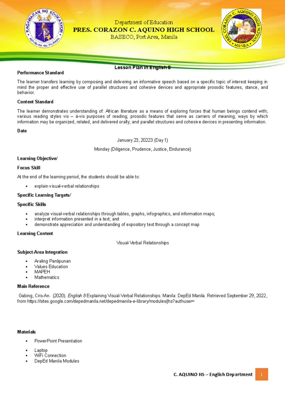 Visual- Verbal- Illustration - Lesson Plan in English 8 Performance