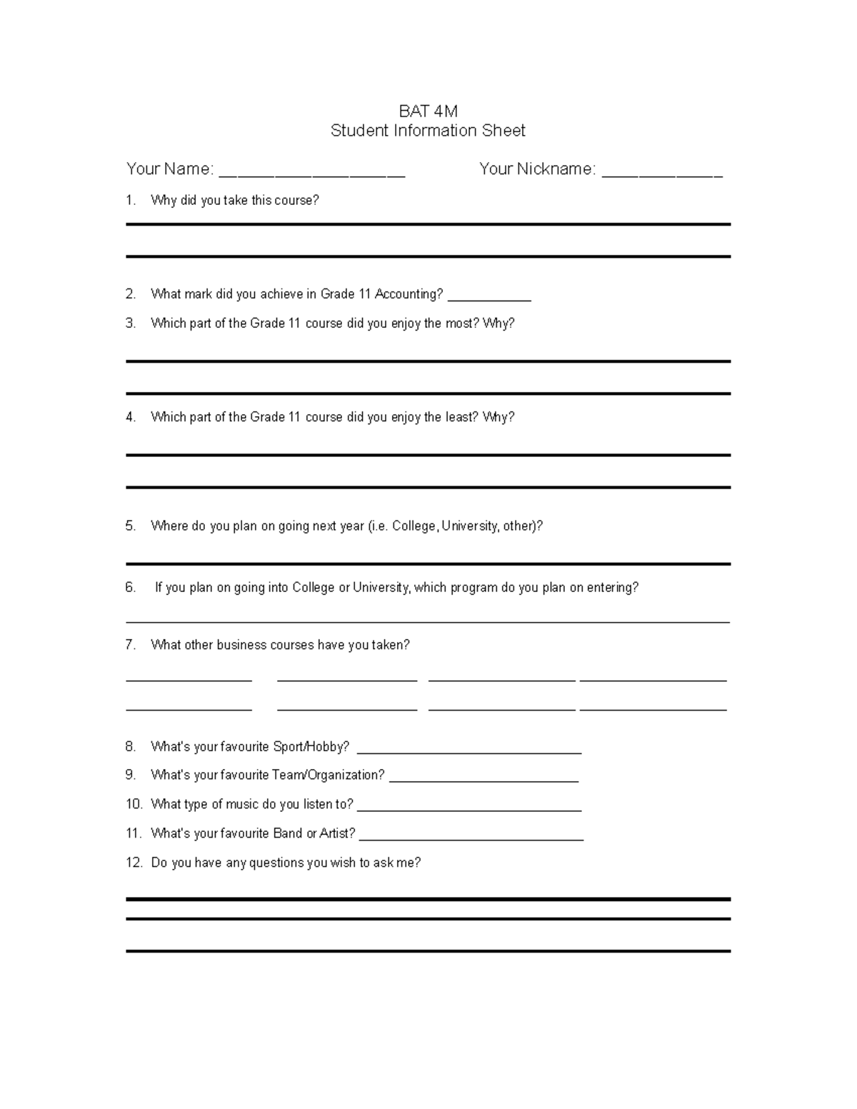 BAT 4M -Student Information Sheet - BAT 4M Student Information Sheet ...