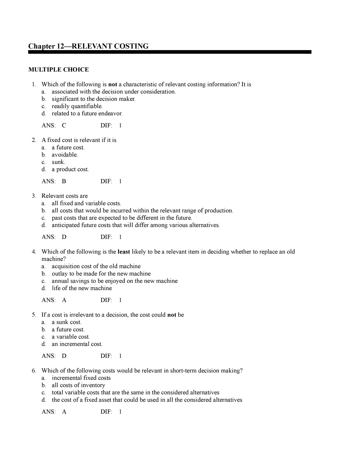 Chapter 12— Relevant Costing - Chapter 12—RELEVANT COSTING MULTIPLE ...