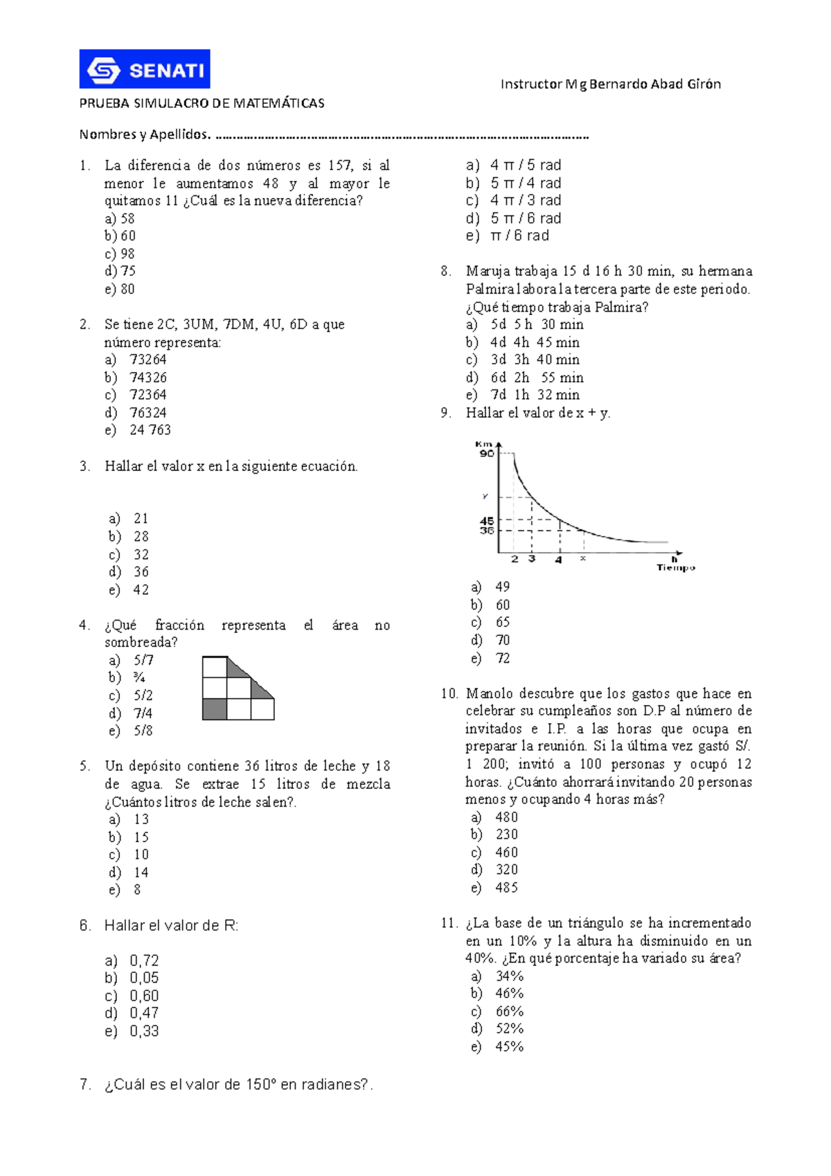 Prueba Simulacro 1 DE Matemáticas - Instructor Mg Bernardo Abad Girón ...