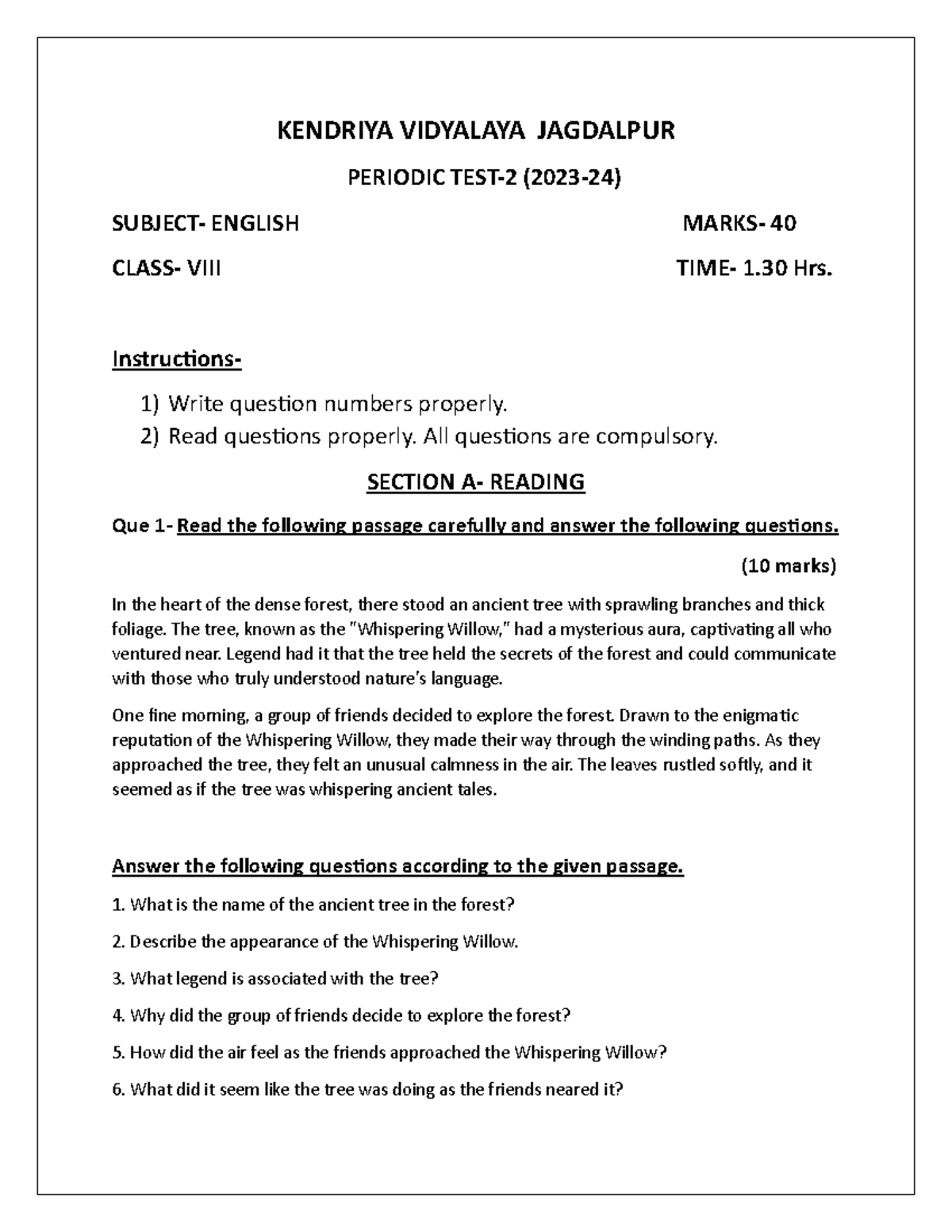 Class 8 Pt 2 English Question Paper - KENDRIYA VIDYALAYA JAGDALPUR ...