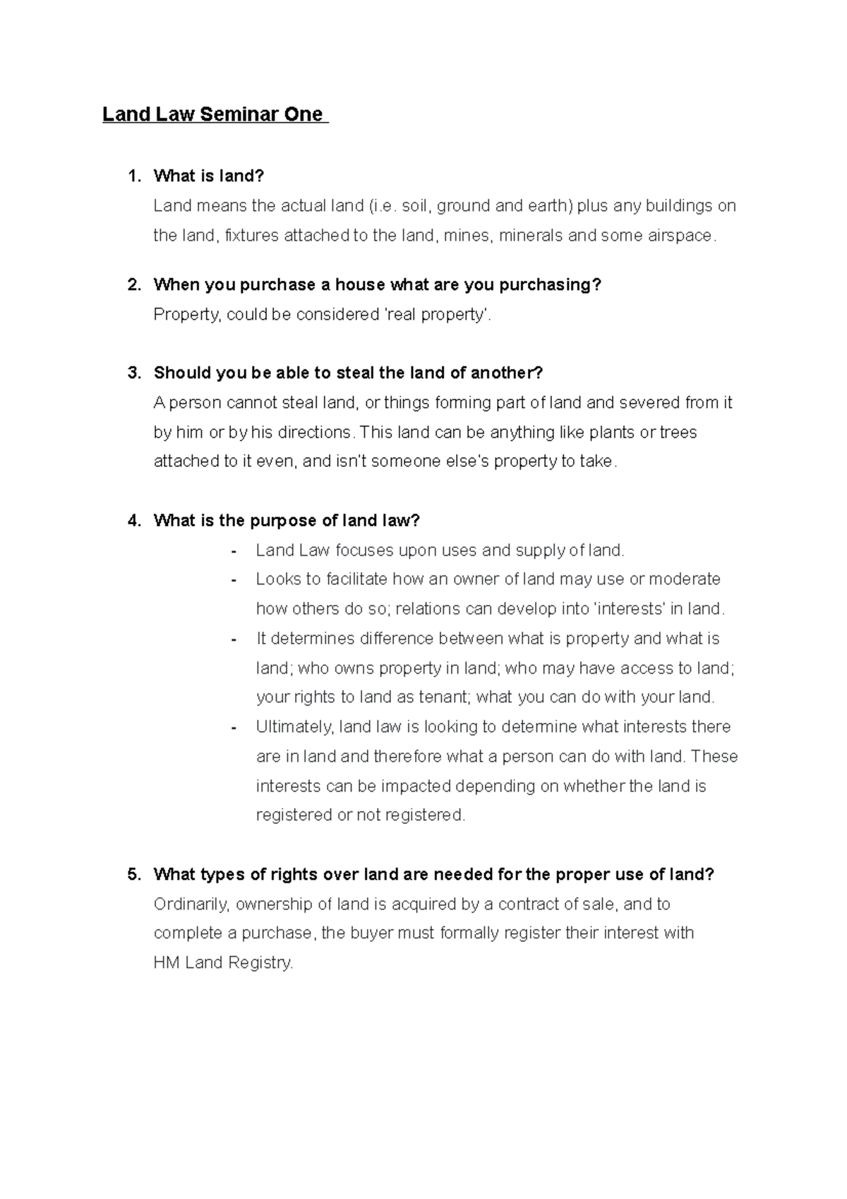 S1 Land Law - Notes made from seminar - Land Law Seminar One What is ...
