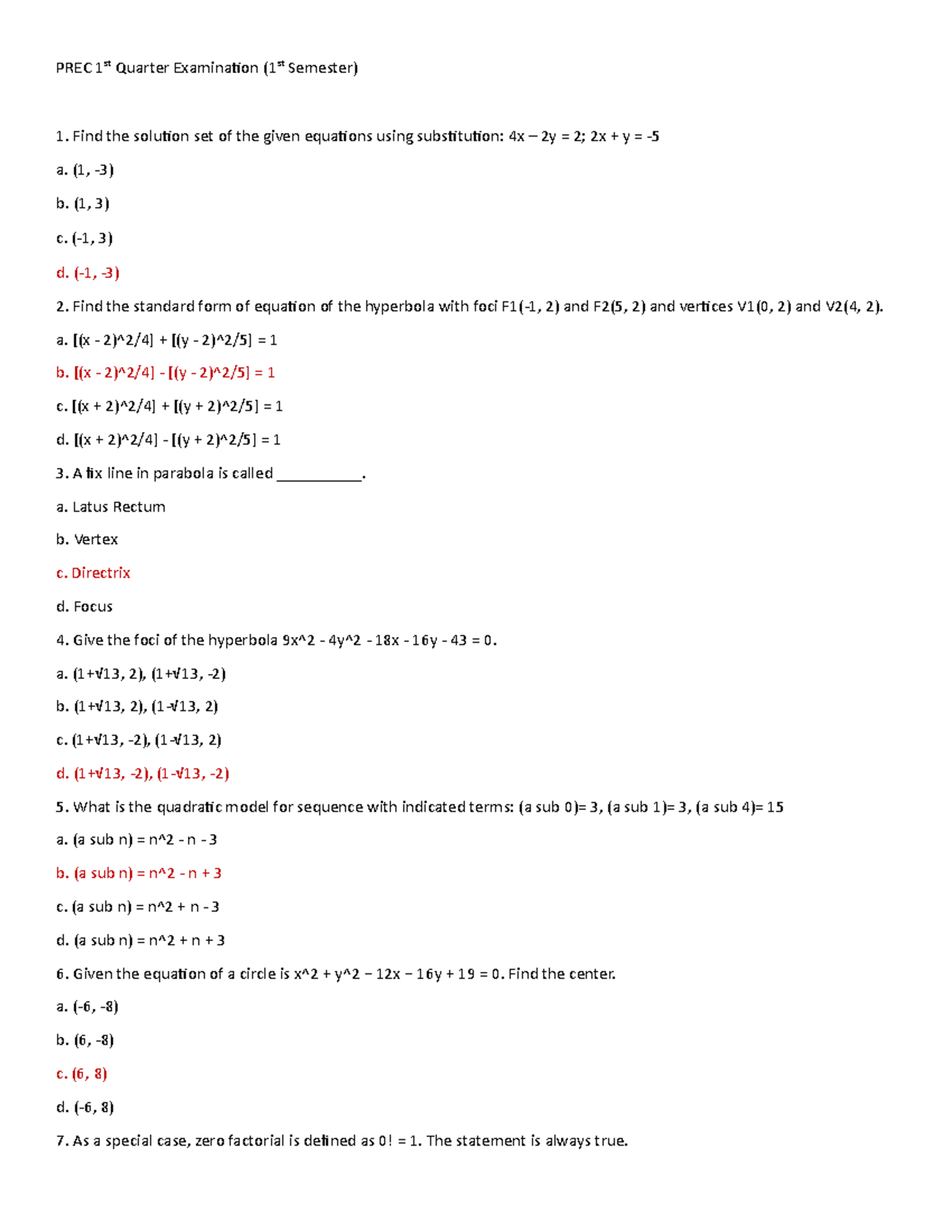 PREC 1st Quarter Examination - PREC 1st Quarter Examination (1st ...