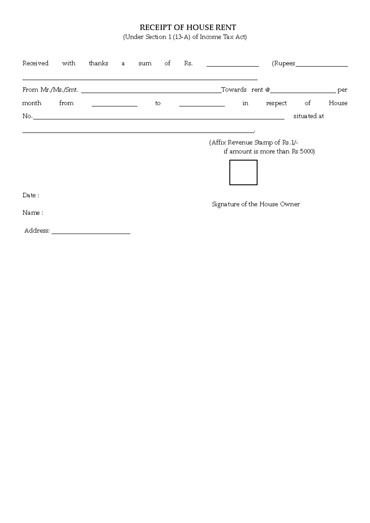 Rent Receipt Format - recpeits - RECEIPT OF HOUSE RENT (Under Section 1 ...