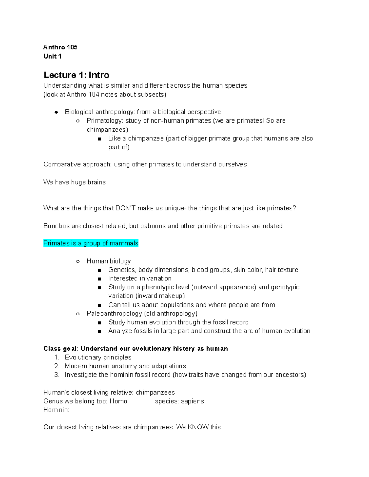 Unit 1 Notes Anthro 105 - Anthro 105 Unit 1 Lecture 1: Intro ...