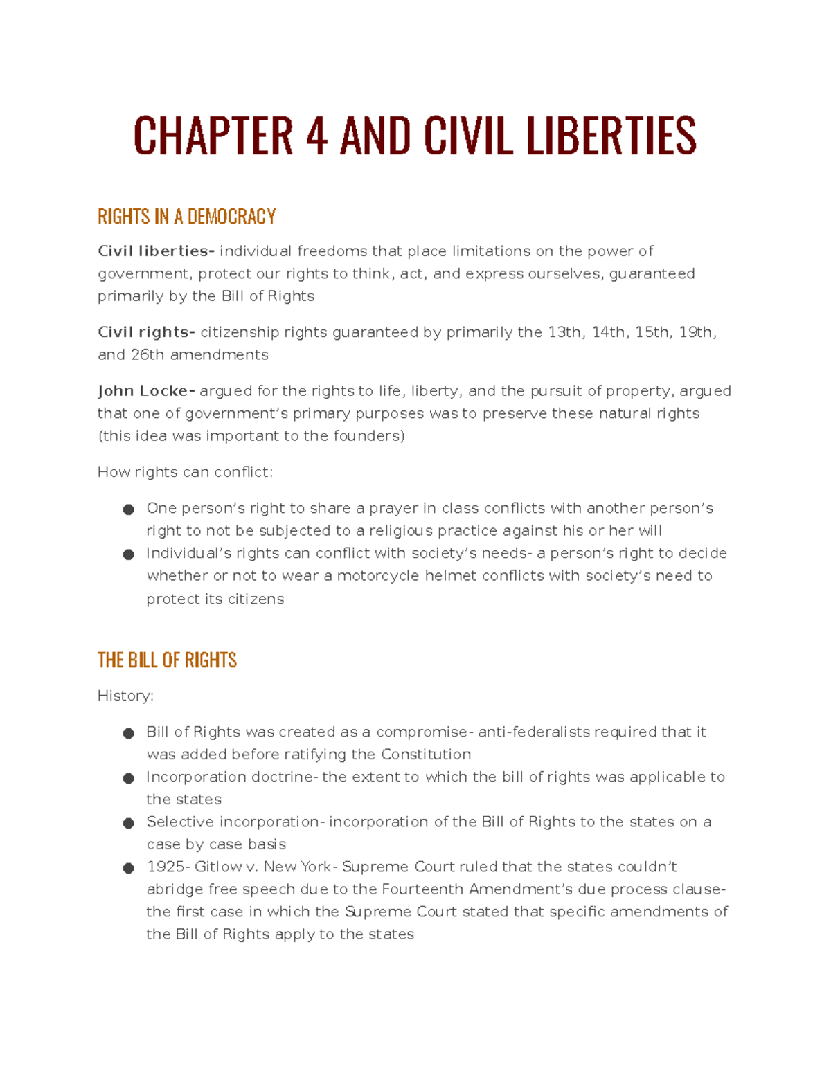 Chapter 4 AND Civil Liberties Notes - CHAPTER 4 AND CIVIL LIBERTIES ...