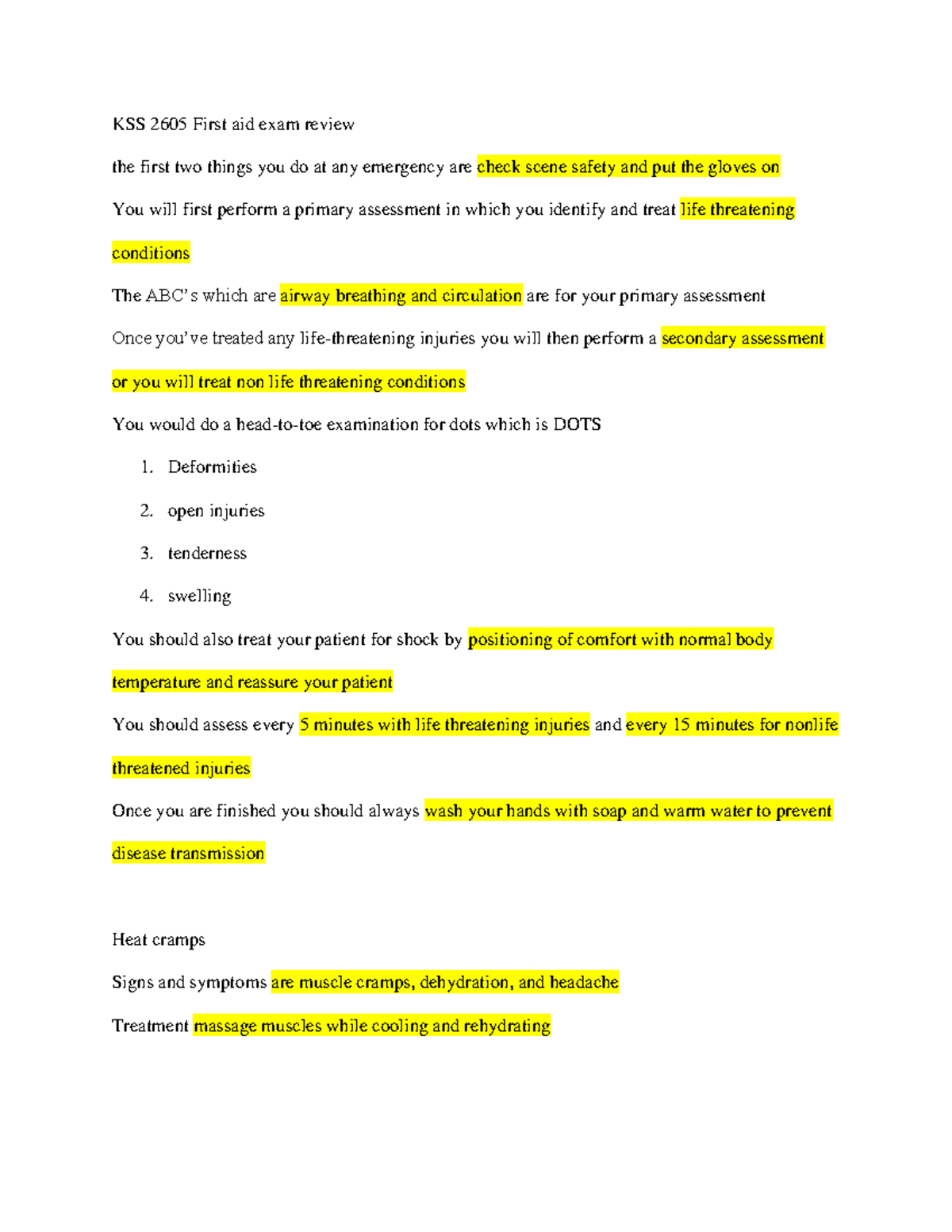 first aid exam review KSS 2605 First aid exam review the first two