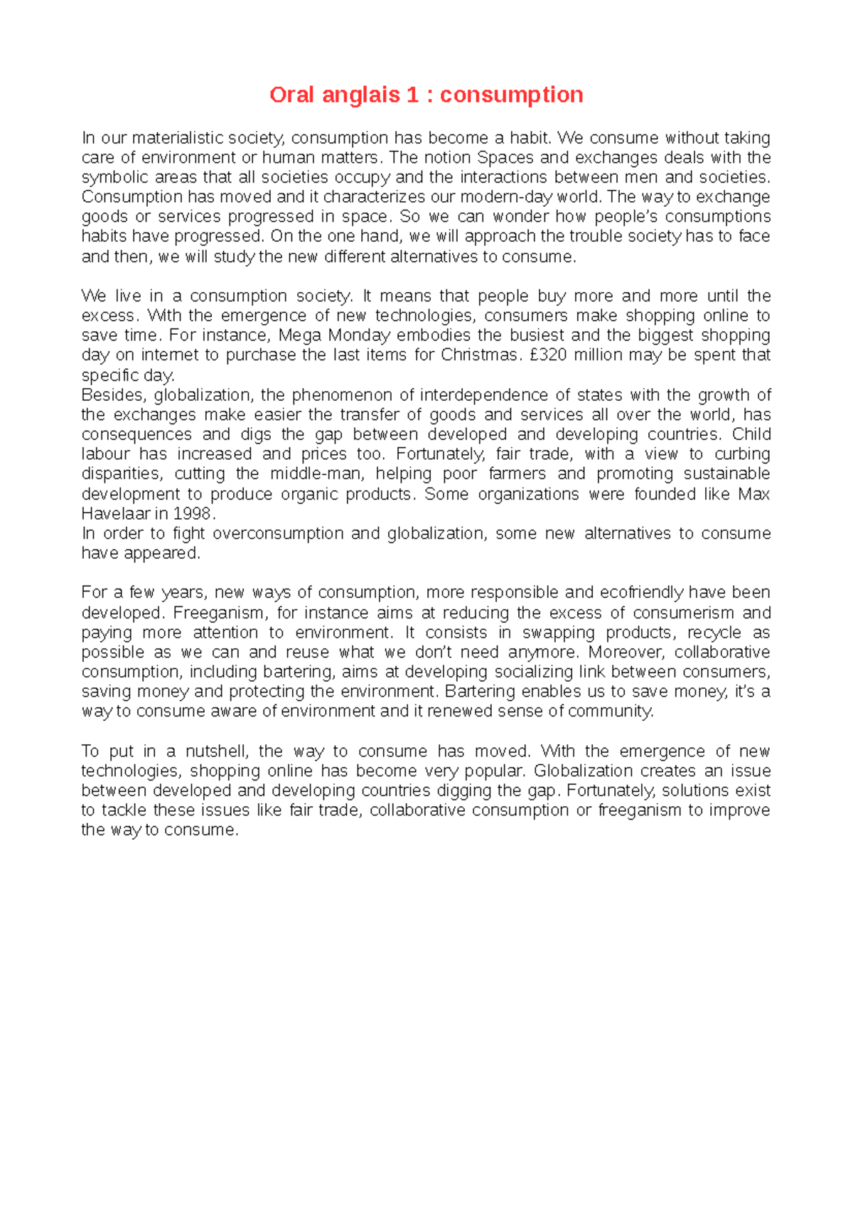 Oral anglais 1 revu Résumé sur la consommation à travers la