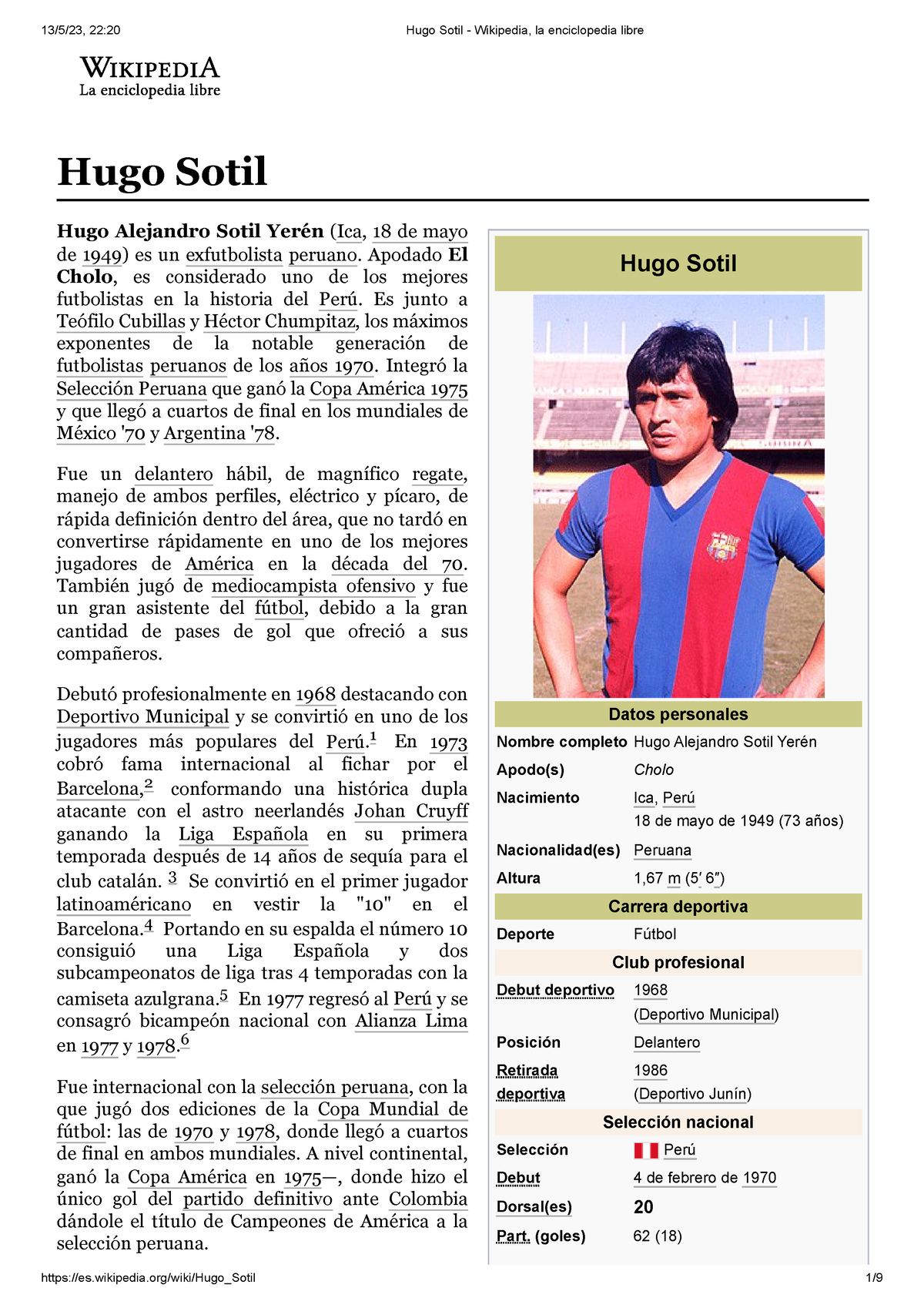 Hugo Sotil FUTBOLISTA PERUANO Hugo Sotil Datos personales Nombre