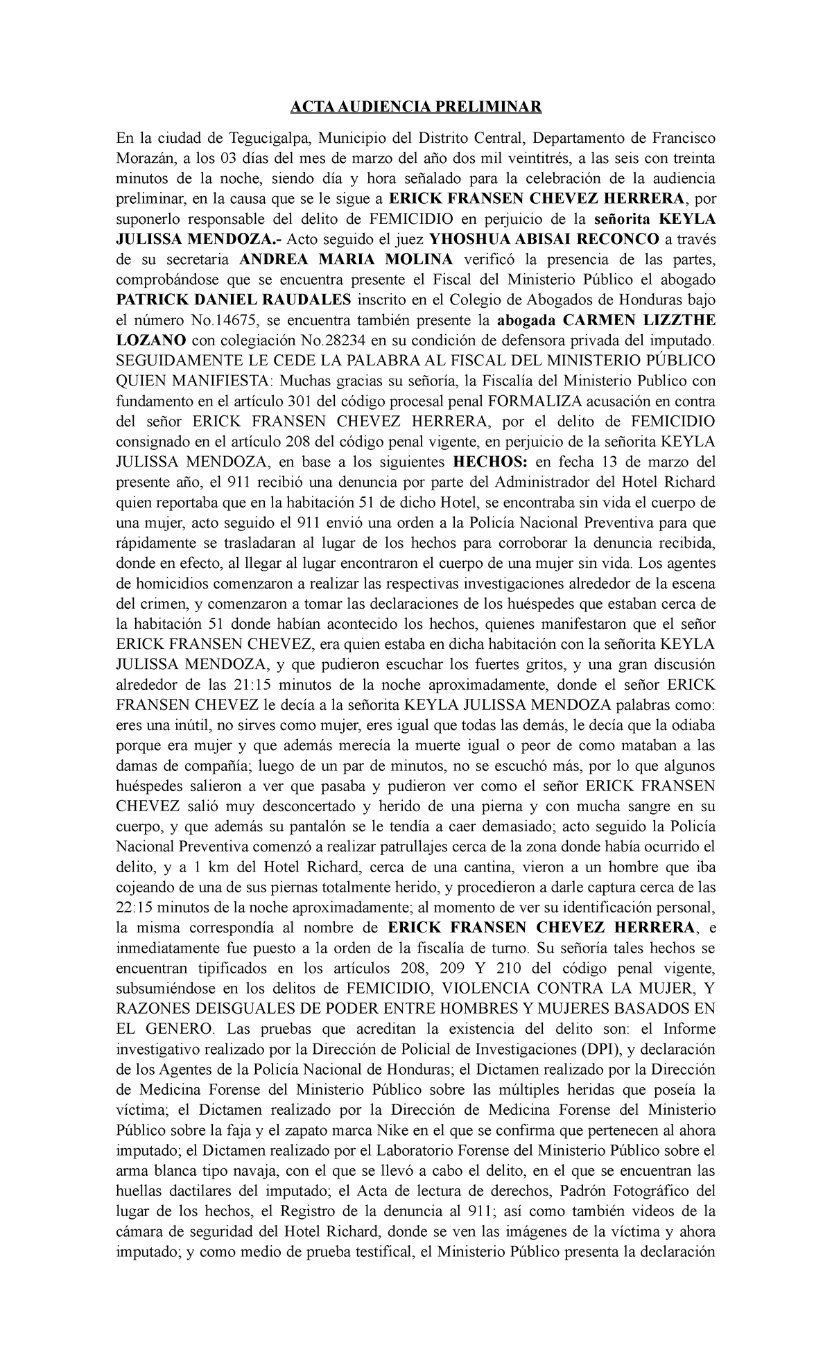 ACTA Audiencia Preliminar - ACTA AUDIENCIA PRELIMINAR En La Ciudad De ...