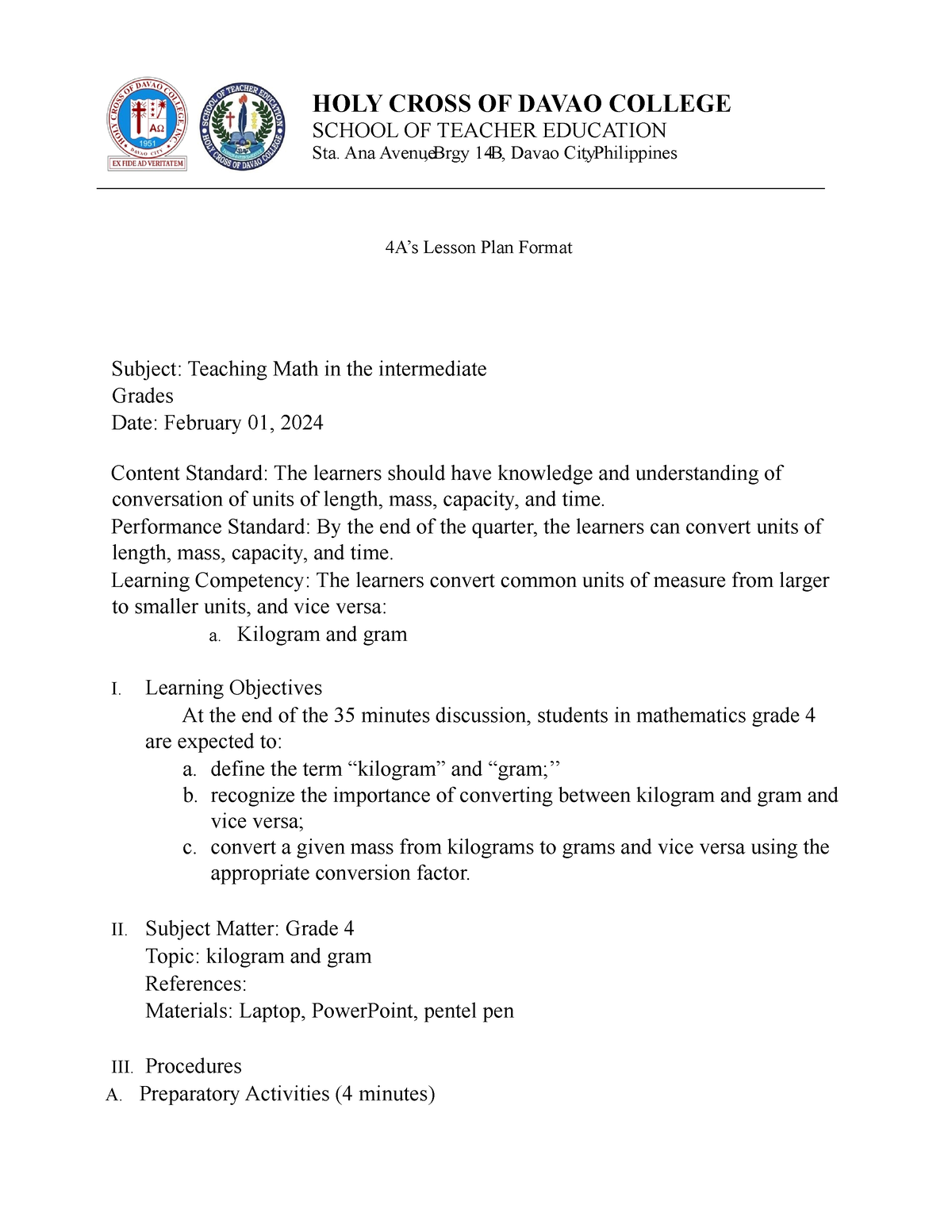 4 As lesson plan Babatuan Roviliza - 4A’s Lesson Plan Format Subject ...