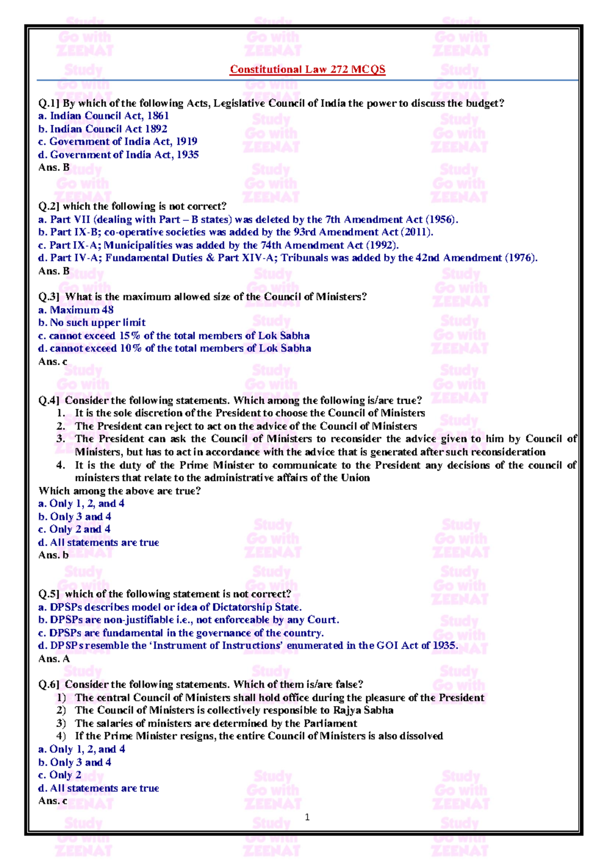 Constitutional laws mcqs Constitutional Law 272 MCQS Q] By which of the following Acts, Studocu