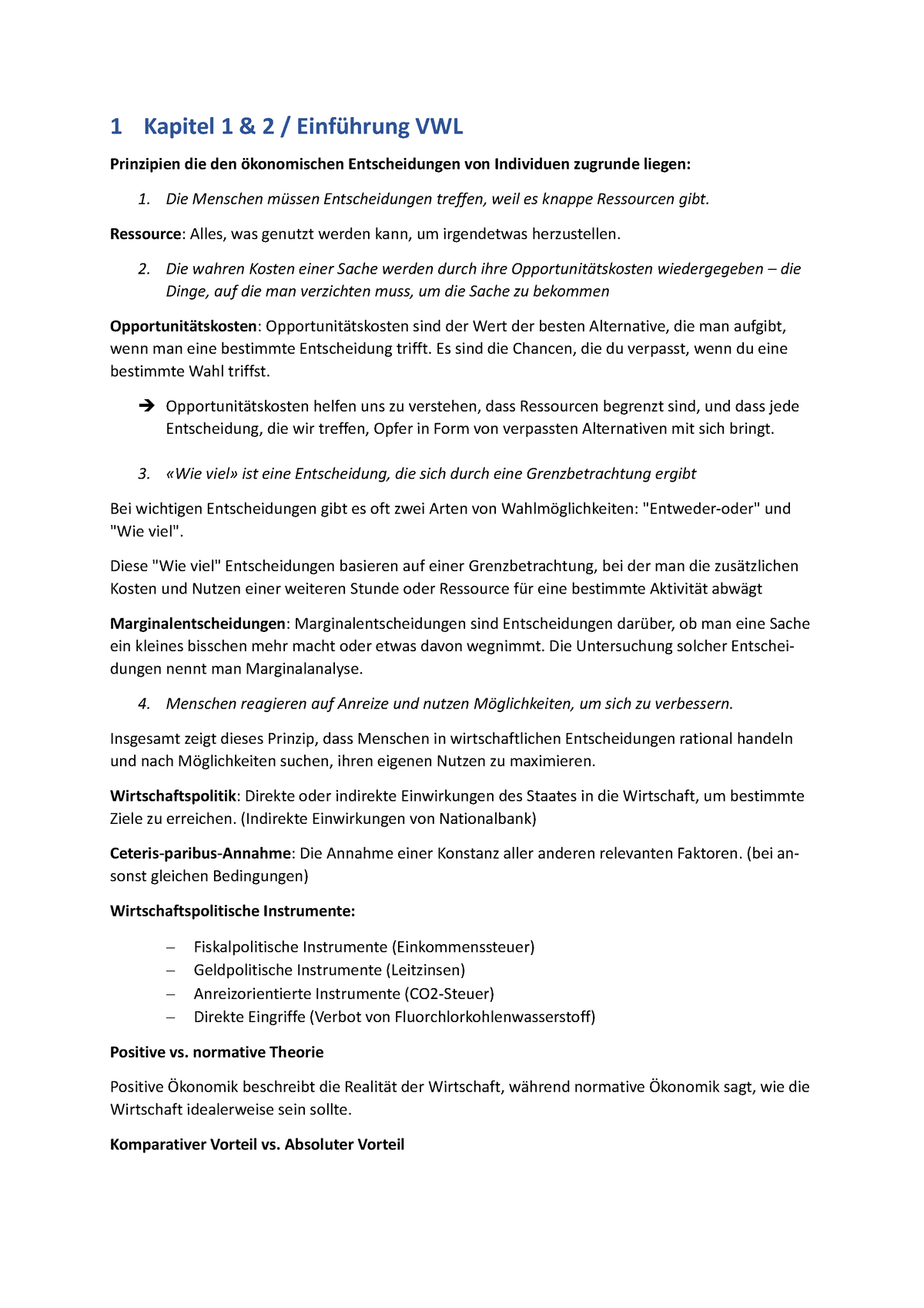 VWL I Zusammenfassung - Volkswirtschaftslehre - 1 Kapitel 1 & 2 ...