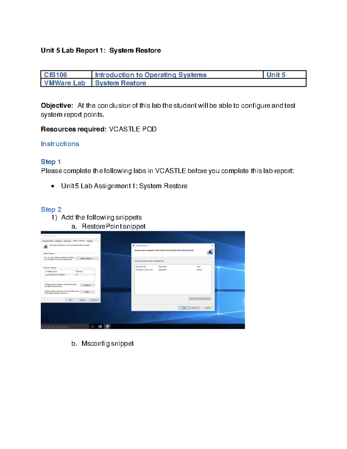 CIS 106 System Restore - Unit 5 Lab Report 1: System Restore CIS106 ...