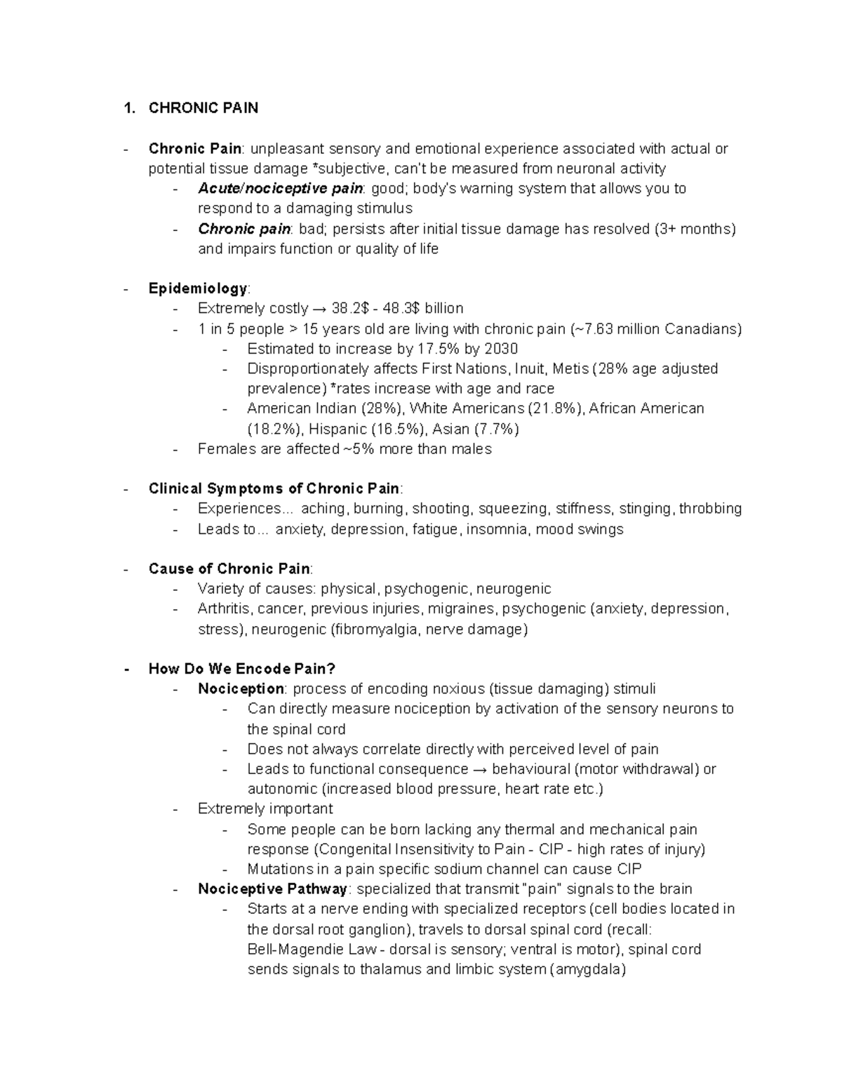 Neur lec 21-22 notes - chronic pain - 1. CHRONIC PAIN Chronic Pain ...