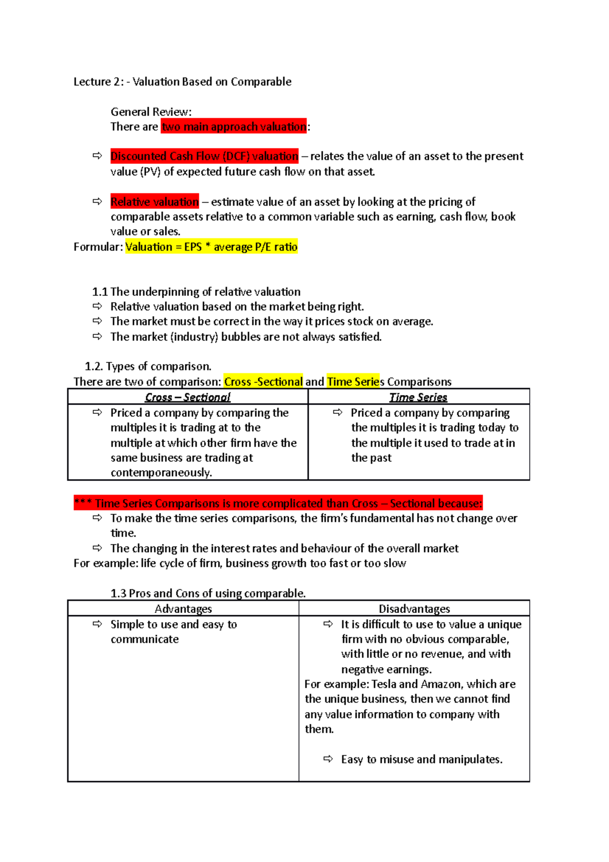 Lecture 2 - invesment banking - Lecture 2: - Valuation Based on ...