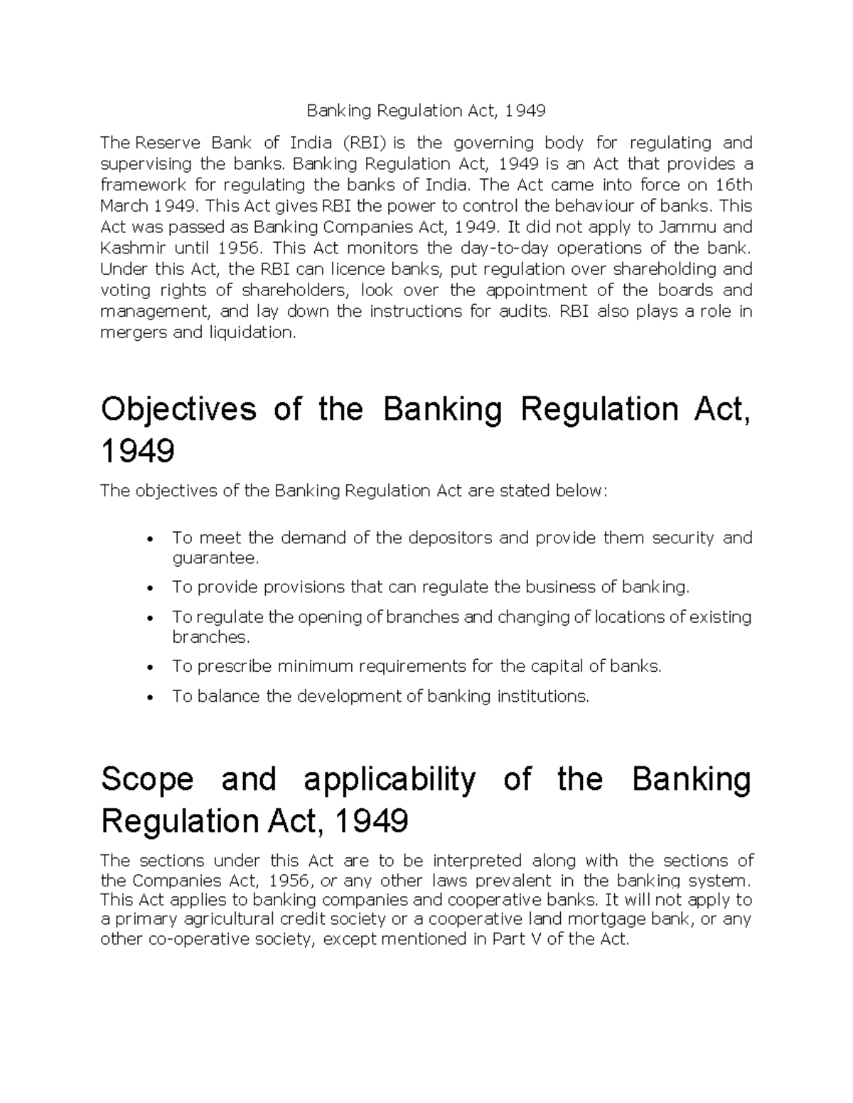 UNIT 2 Banking Law notes Banking Regulation Act, 1949 The Reserve Bank of India (RBI) is