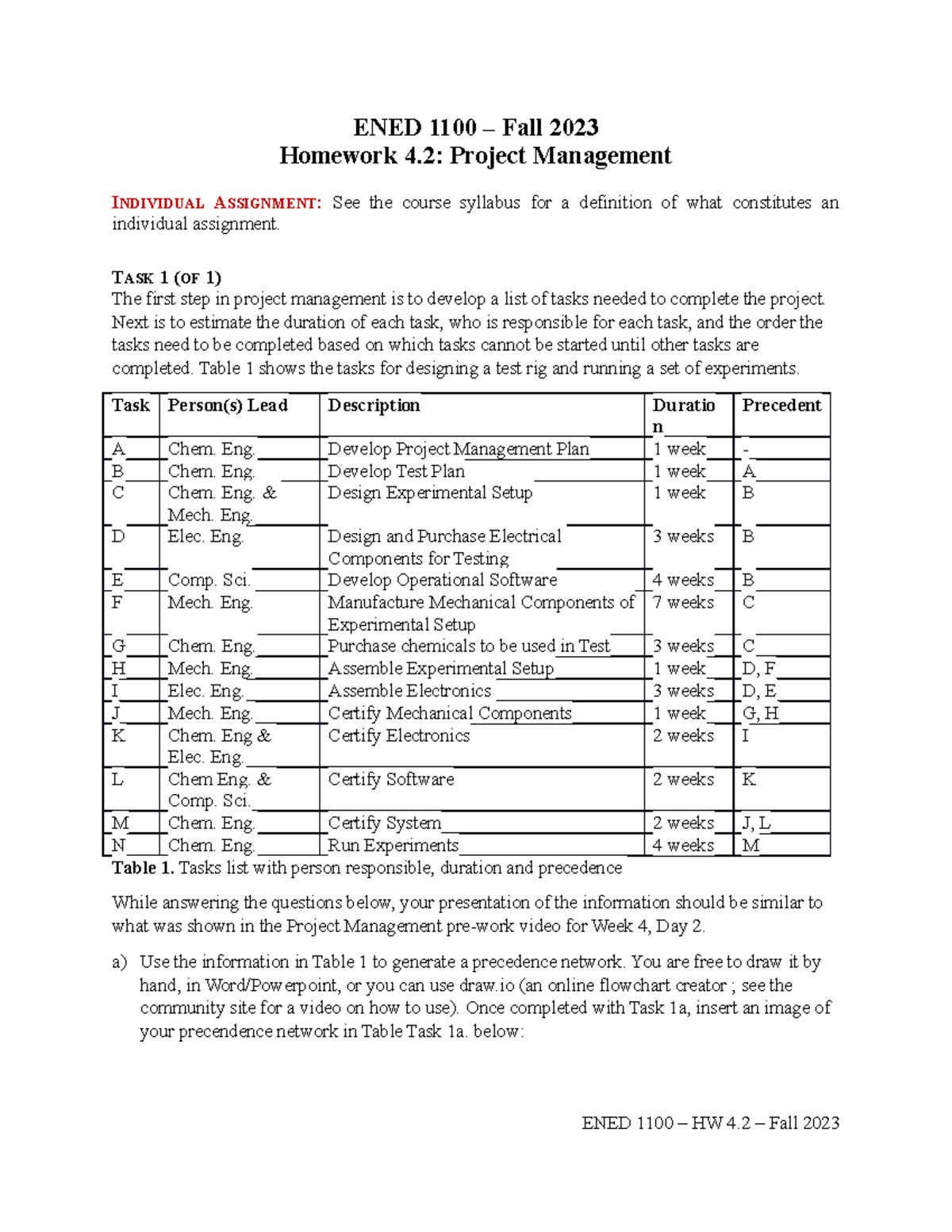 HW 4p2 Project Management - ENED 1100 – Fall 2023 Homework 4: Project ...