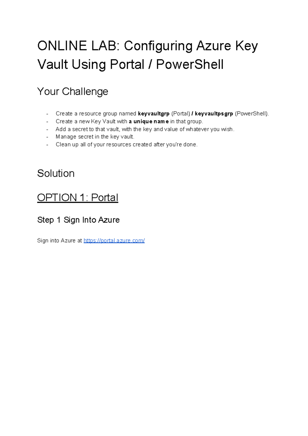 Section21 1Configuring Key Vault LAB ONLINE LAB Configuring Azure Key Vault Using Portal