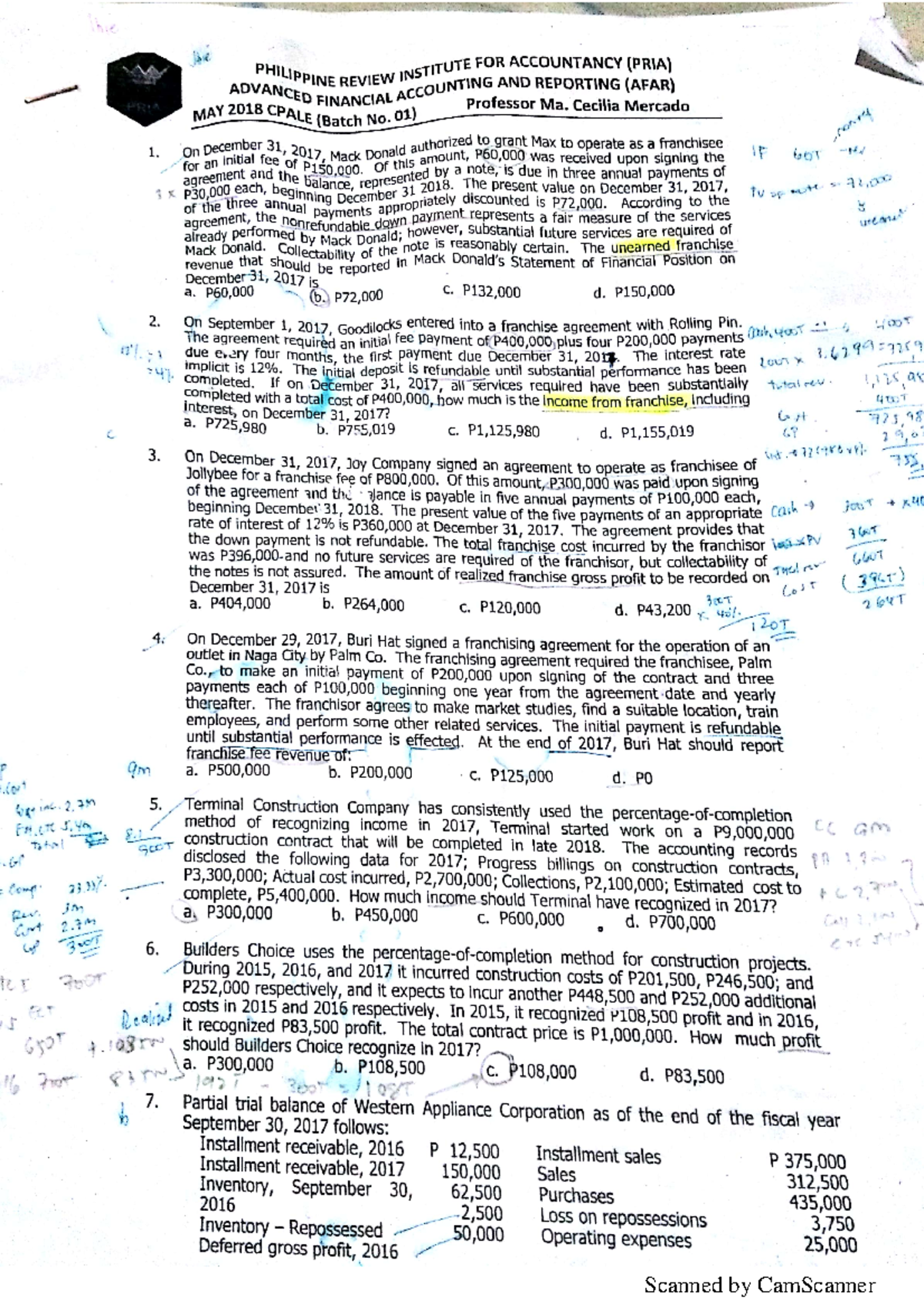 Sample/practice exam 1 October 2017, questions and answers - P IL NS ...
