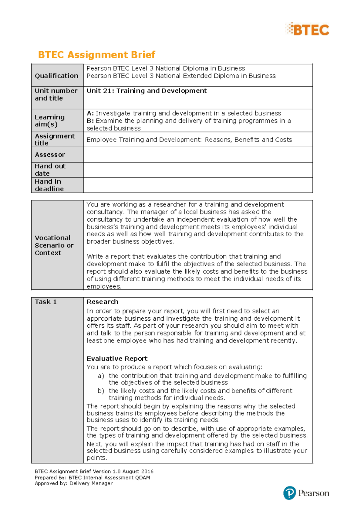 U21 A1 - BTEC Assignment Brief Qualification Pearson BTEC Level 3 ...
