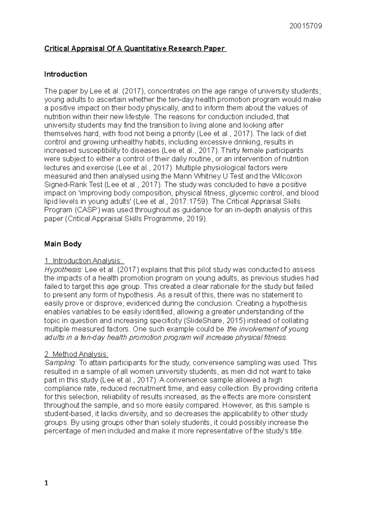 critical appraisal quantitative research sample