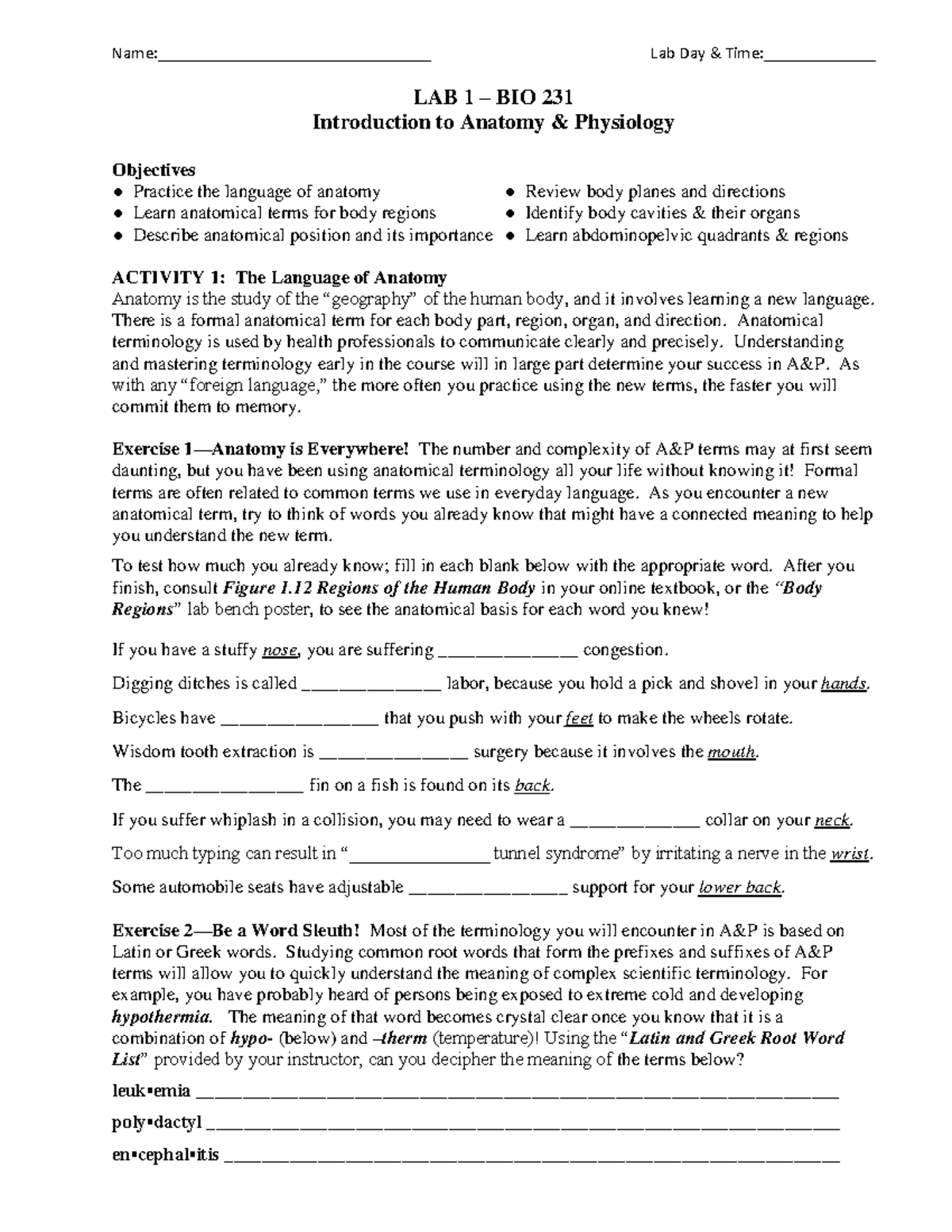 LAB 1 Introduction to A&P - Name:________________________________ Lab ...