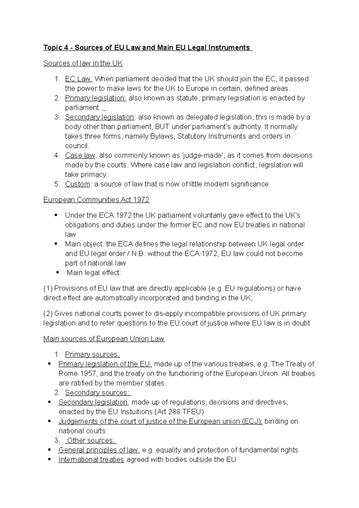 Sources of EU Law - Summarised Lecture notes - Topic 4 - Sources of EU ...