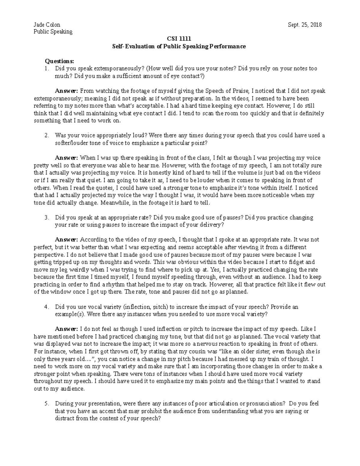 Self Evaluation Assignment - Jade Colon Sept. 25, 2018 Public Speaking ...