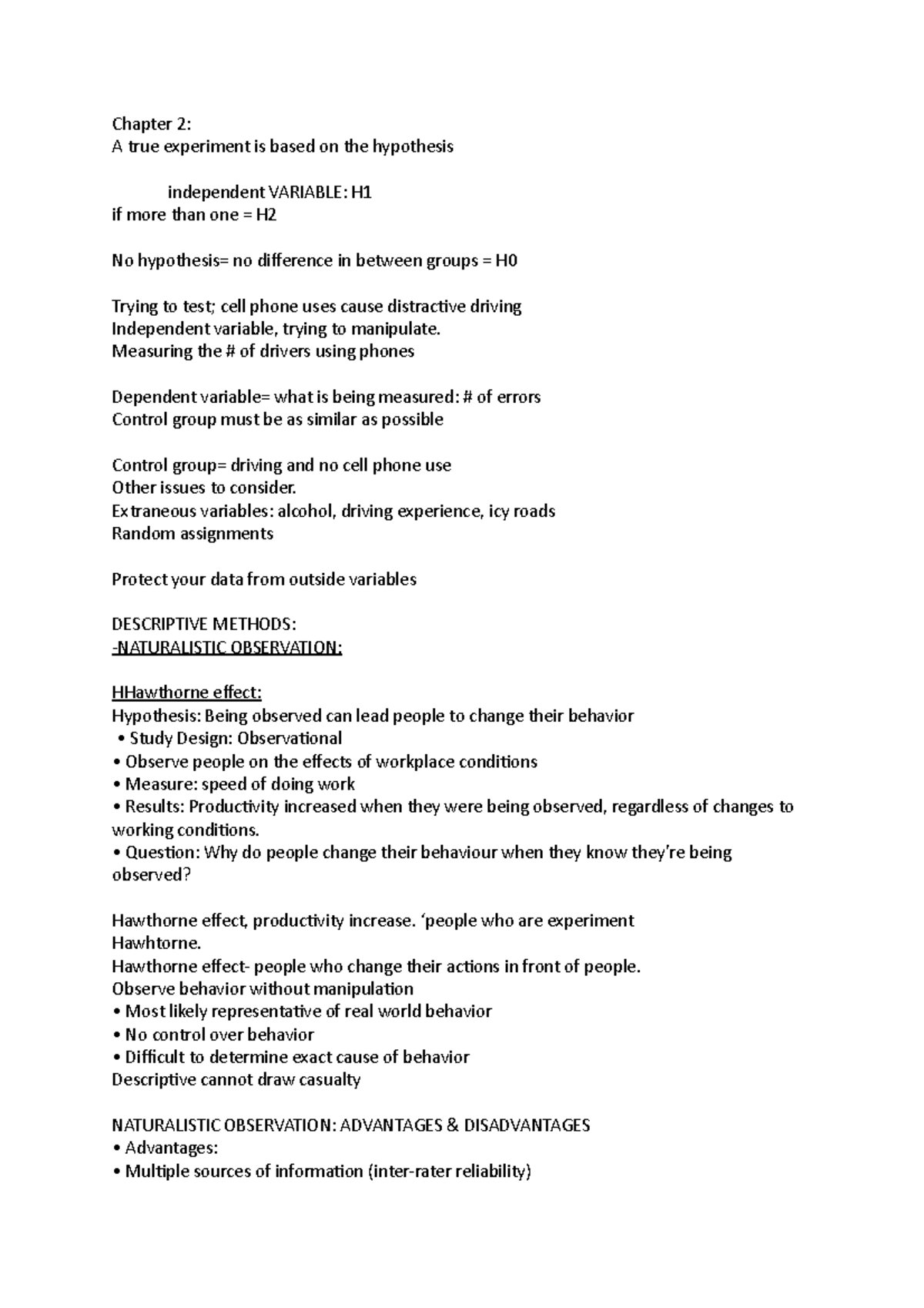 Chapter 2 PSY 1101 - Lecture notes - Chapter 2: A true experiment is ...