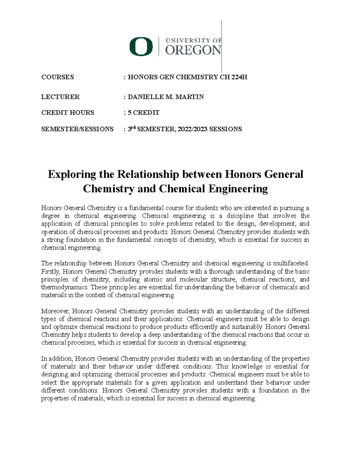 Exploring the Relationship between Honors General Chemistry and