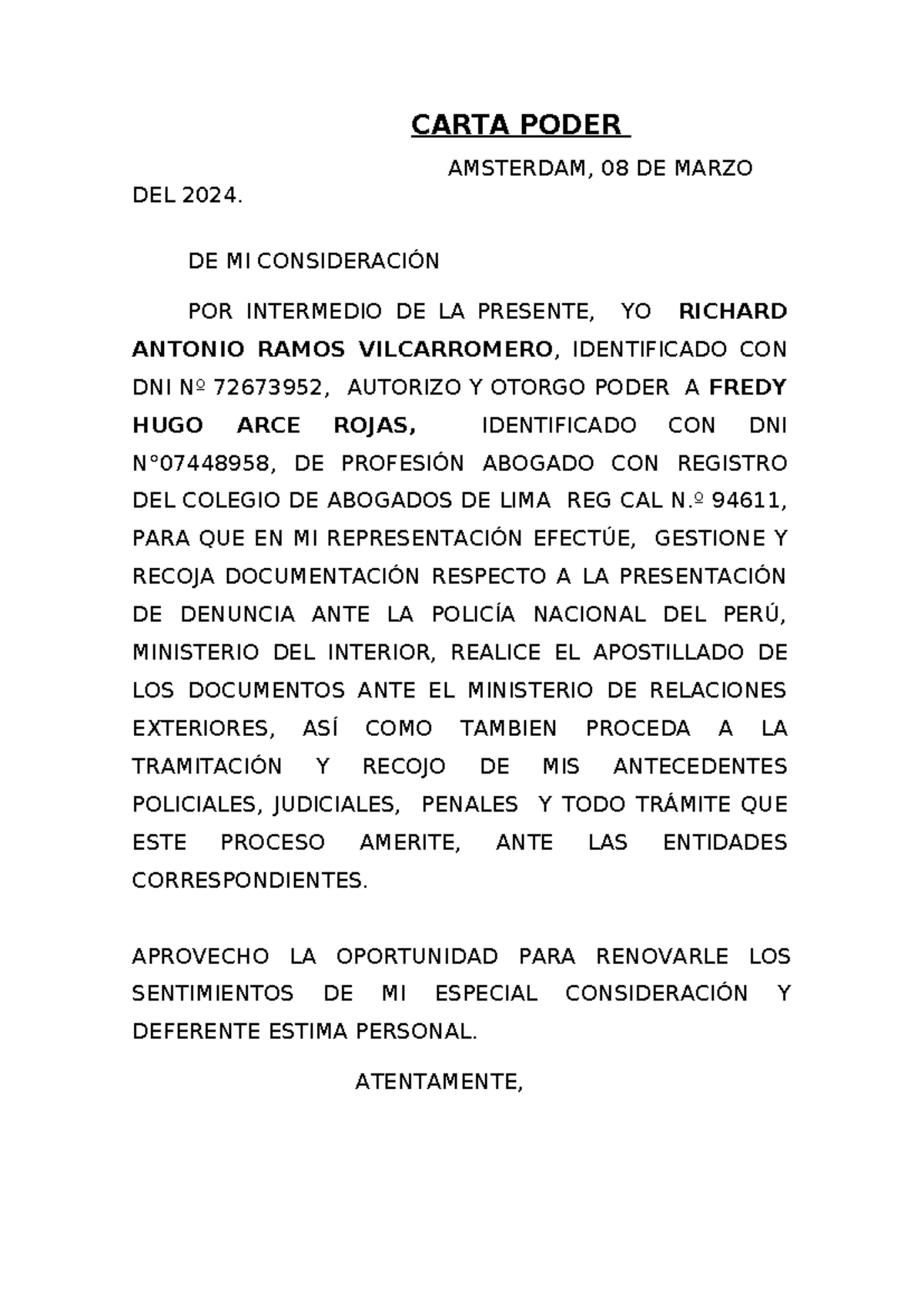 Carta Poder - Richard Antonio Ramos Vilcarromero - CARTA PODER ...