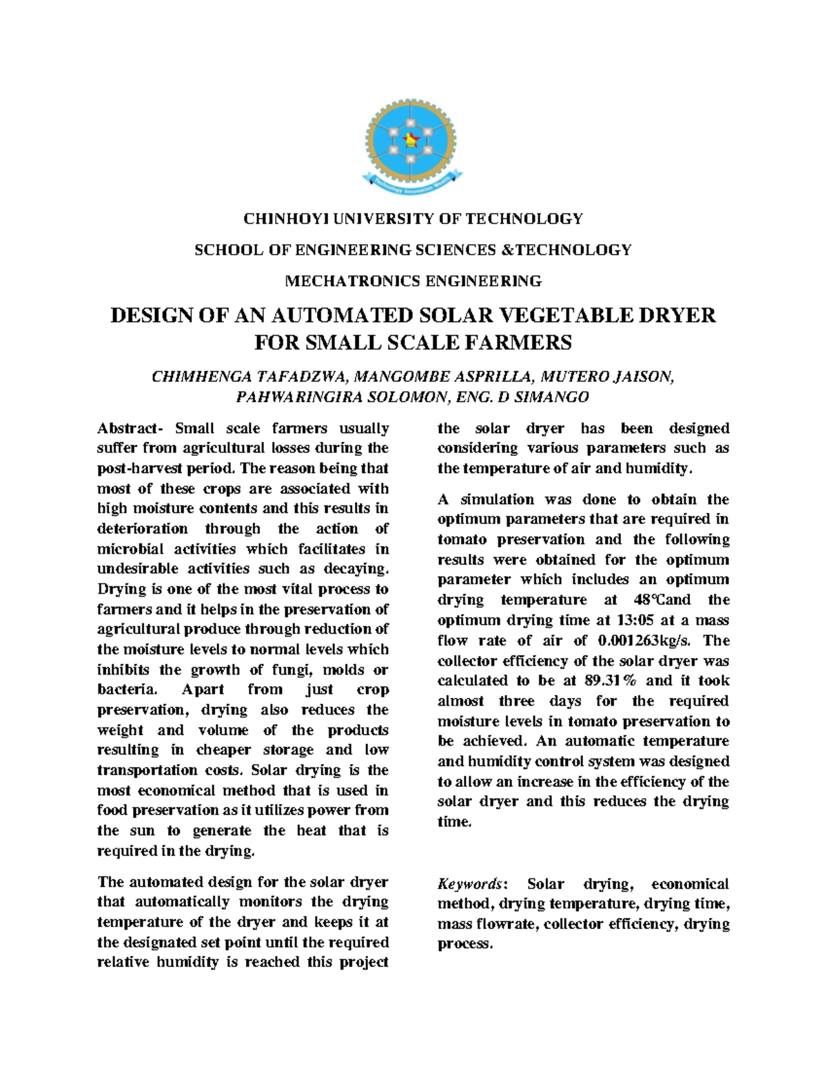 Automated Solar Dryer Design AND MAKE Paper - CHINHOYI UNIVERSITY OF ...