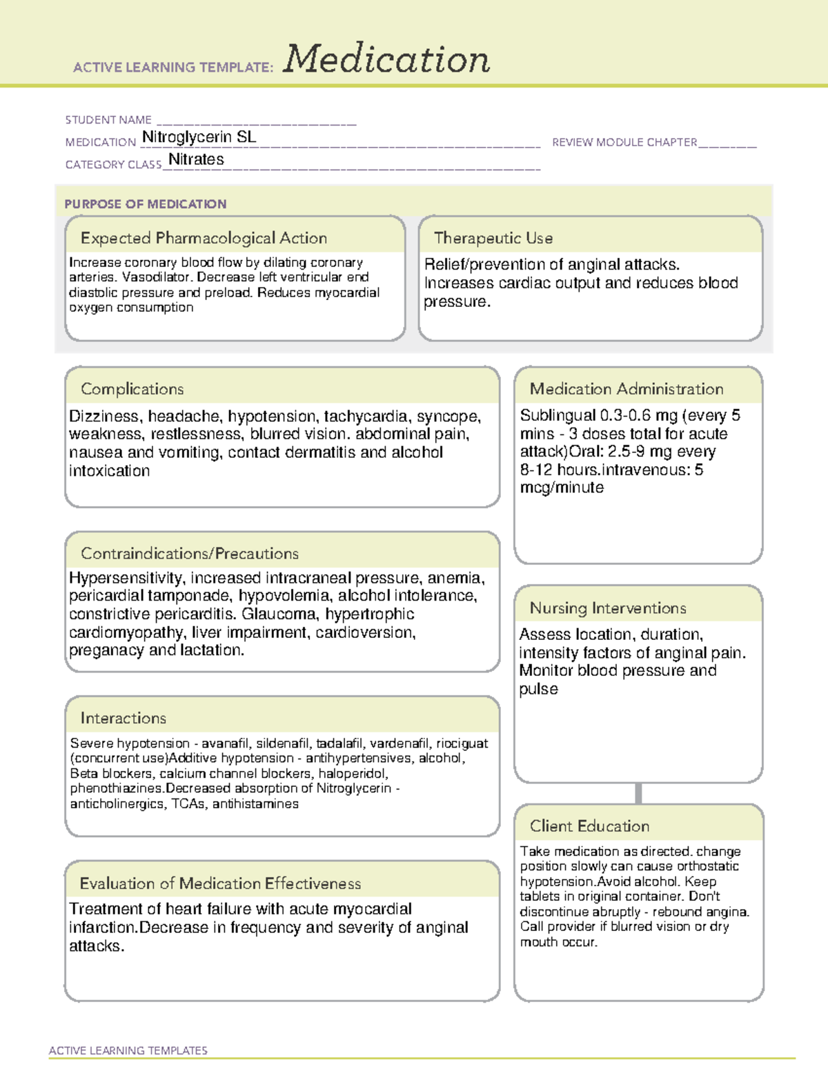 Nitroglycerin - n/a - ACTIVE LEARNING TEMPLATES Medication STUDENT NAME ...