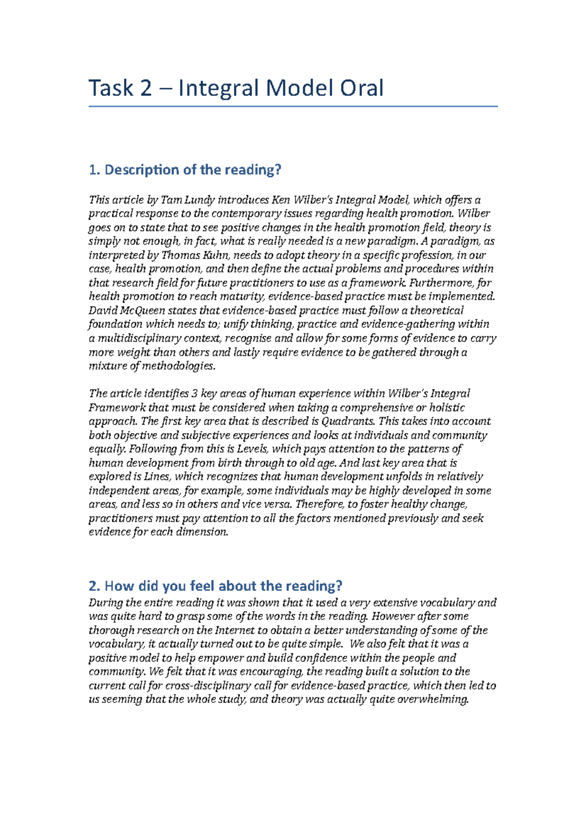 Integral Model - Health Promotion Principles - Task 2 Integral Model ...