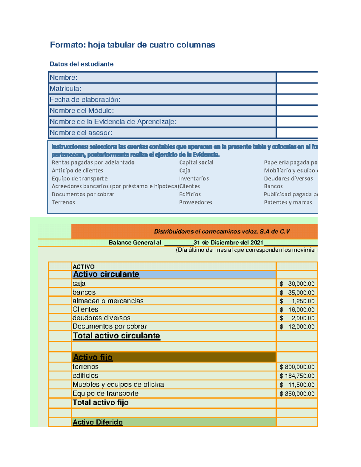 Balance general - Formato: hoja tabular de cuatro columnas ACTIVO ...