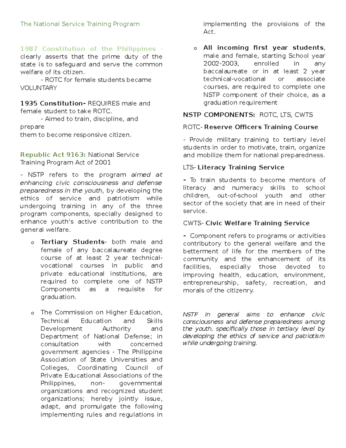 National Service Training Program - ROTC for female students became ...