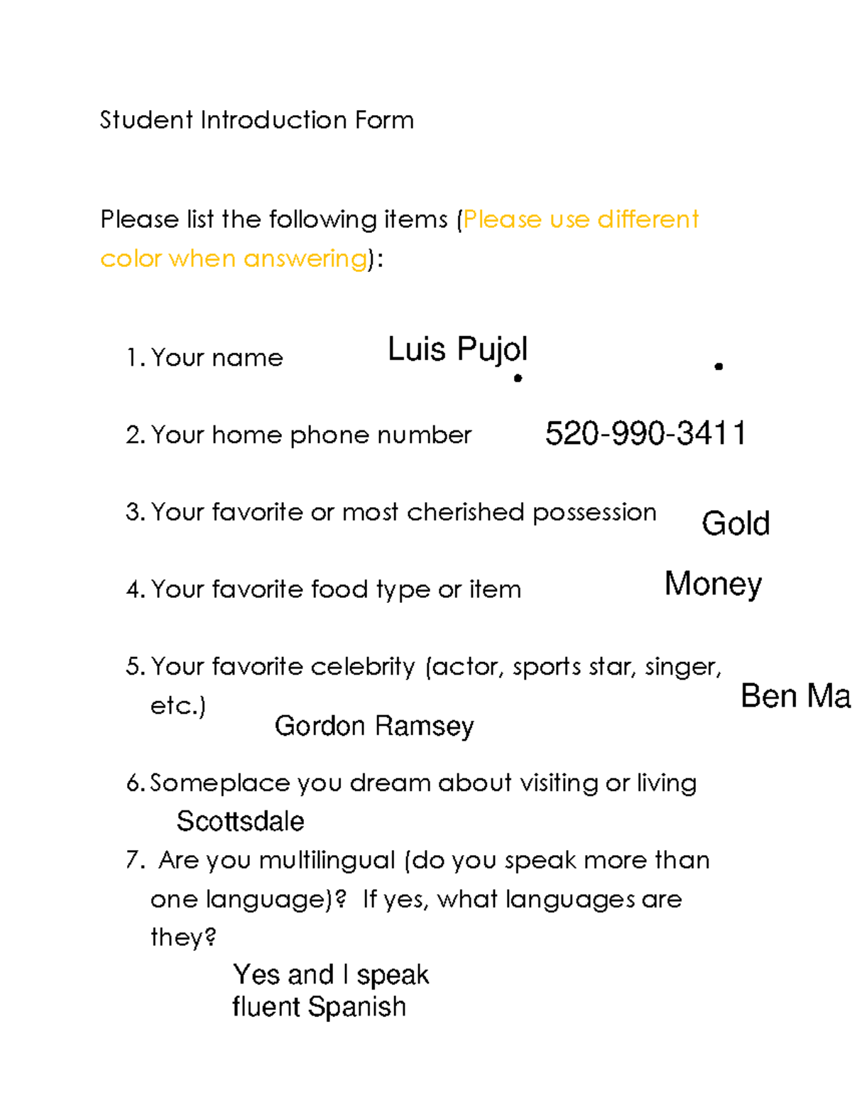 Edited - 8 2 23: First Day Student Intro Form - Student Introduction ...