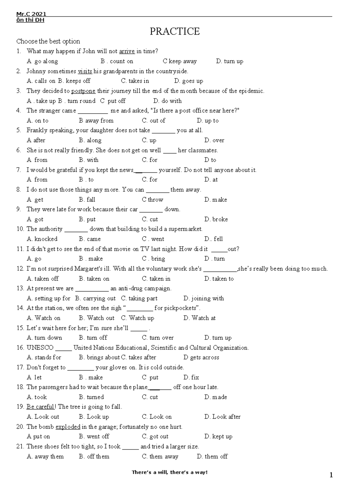 Practice - math - Mr 2021 ôn thi ĐH PRACTICE Choose the best option 1 ...