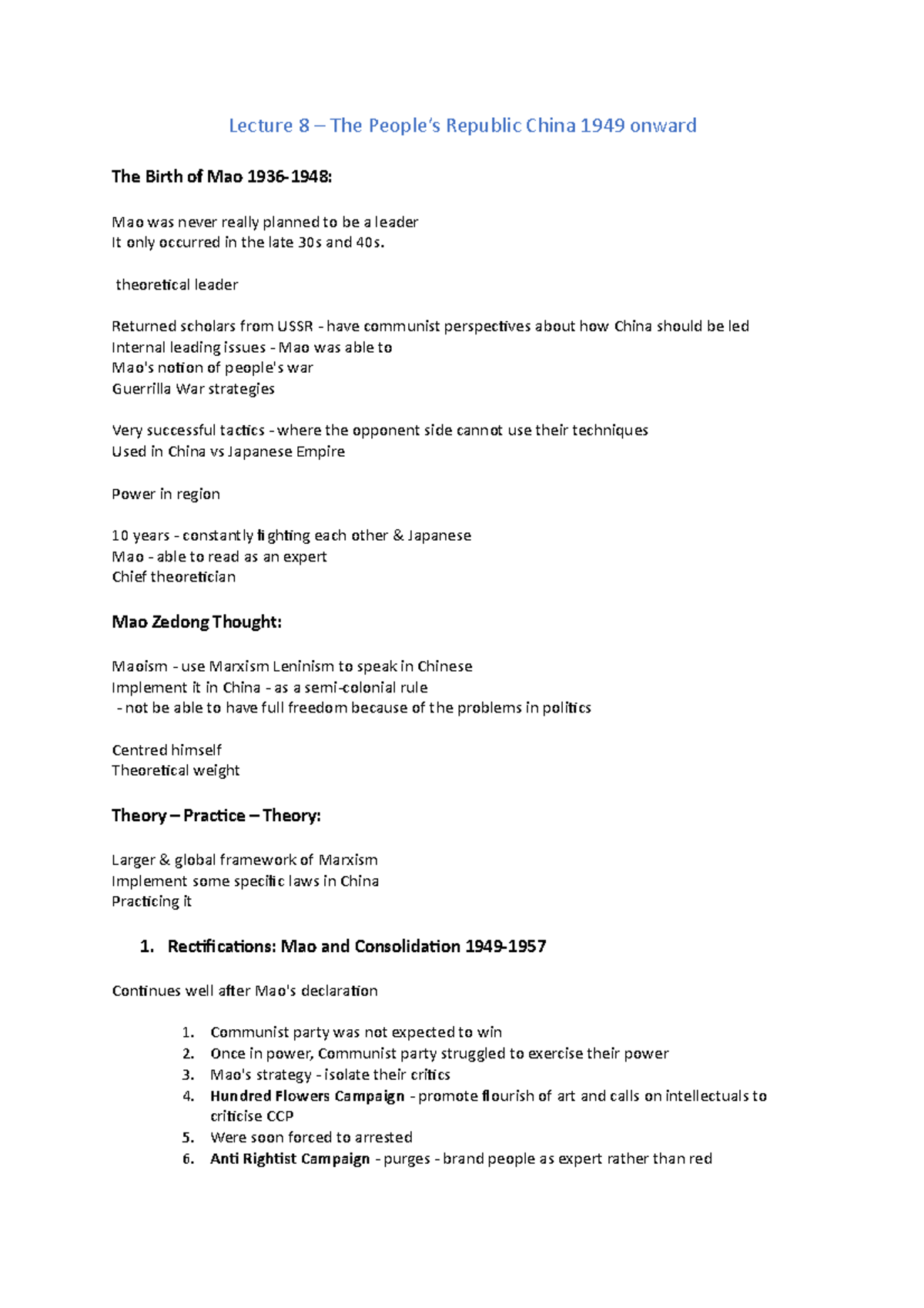 Lecture 8 - People's Republic of China - Lecture 8 – The People’s ...