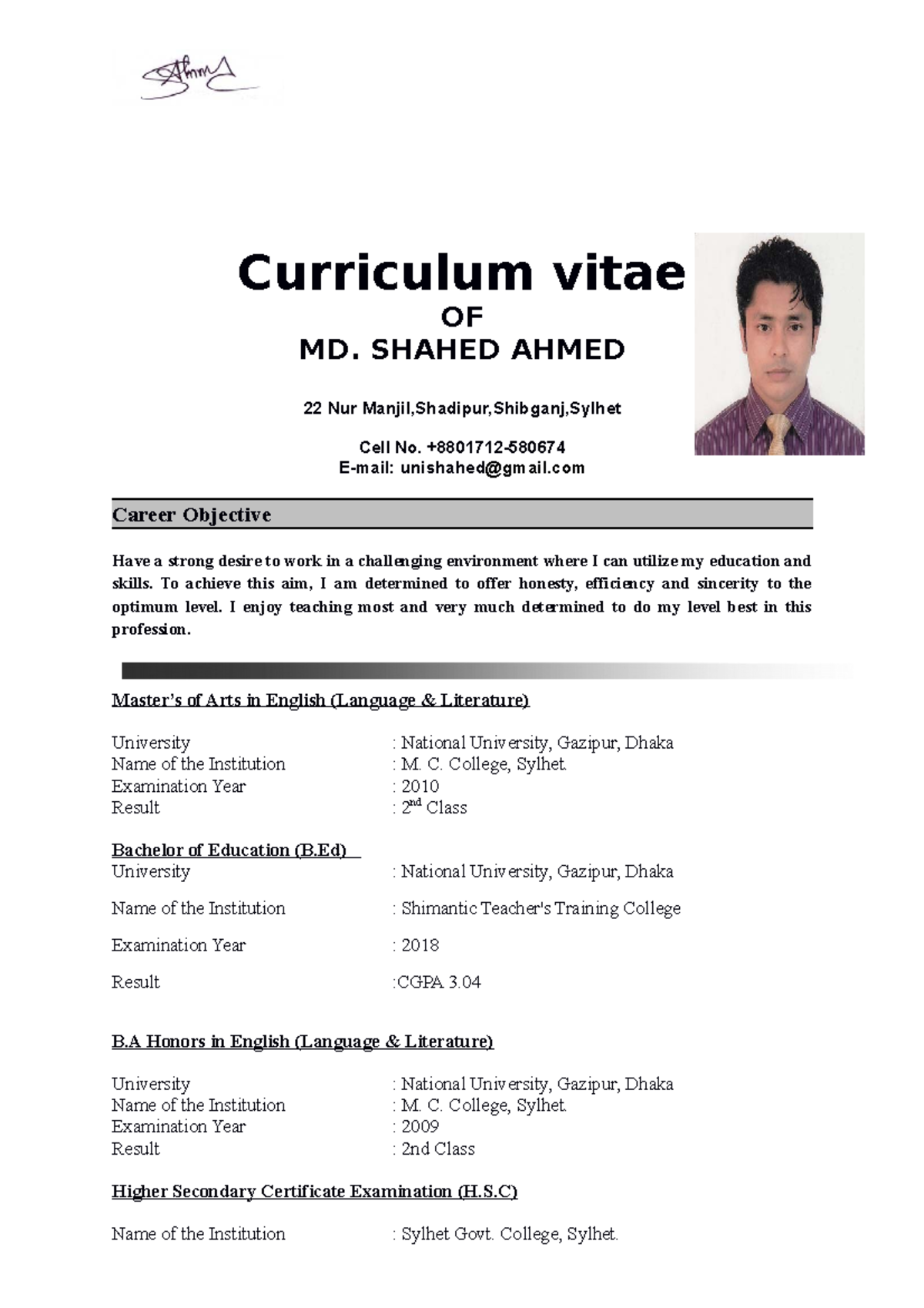 CV of Shahed Ahmed - Curriculum vitae OF MD. SHAHED AHMED 22 Nur Manjil ...