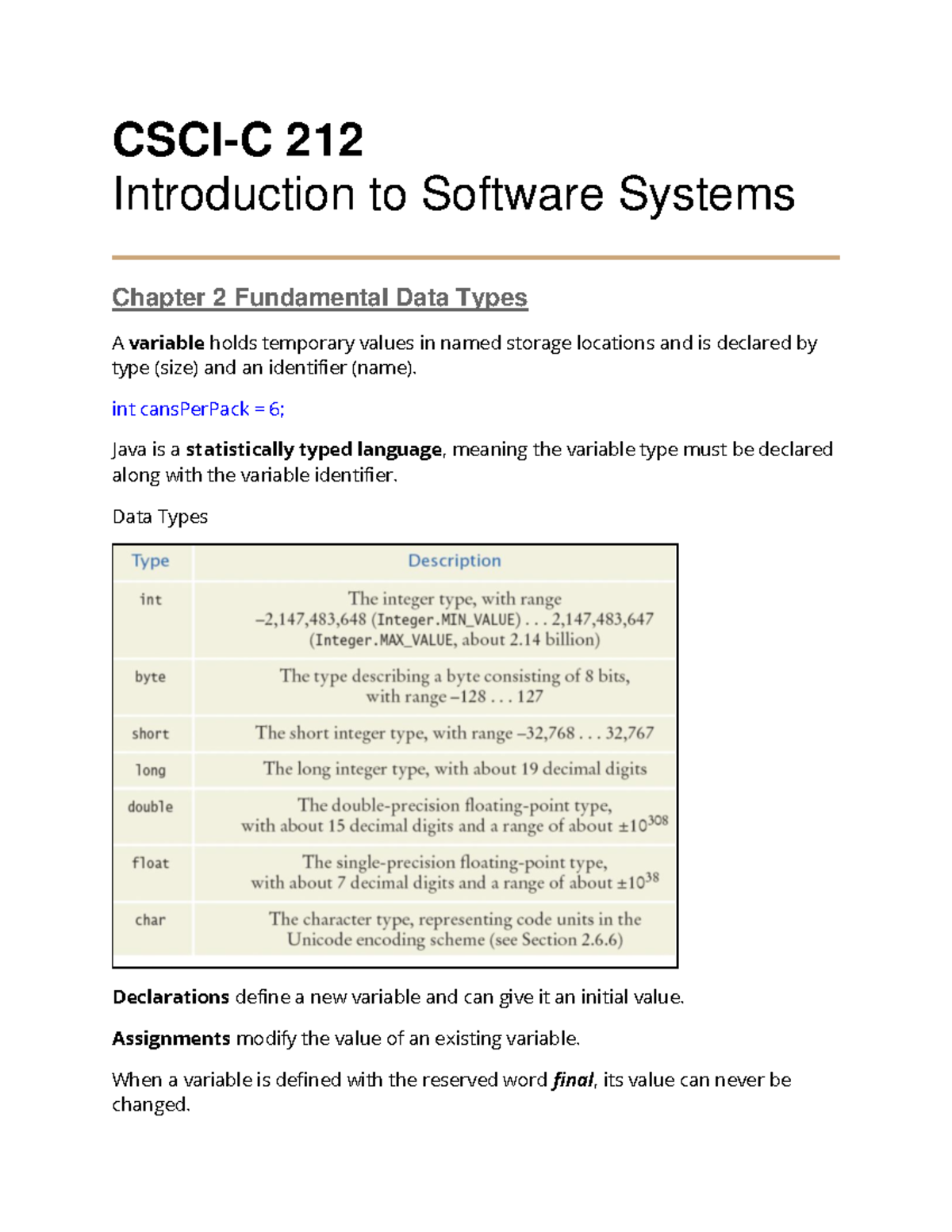 Chapter 2 Fundamental Data Types - CSCI-C 212 Introduction To Software ...