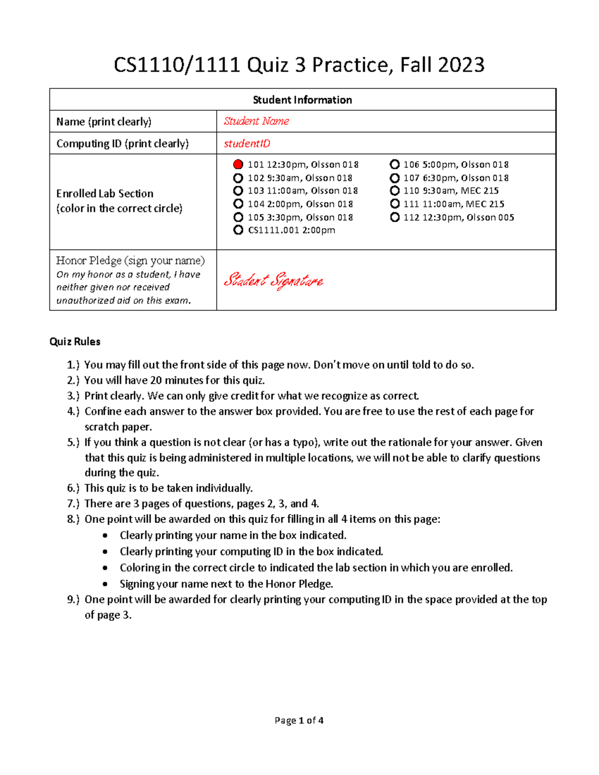 Quiz3 practice w/ key CS1110/1111 Quiz 3 Practice, Fall 2023 Student