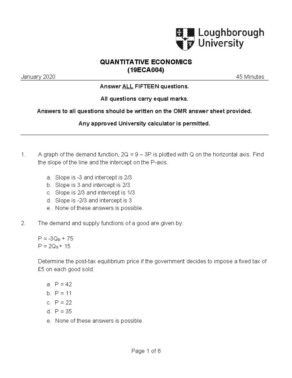 19ECA004 Sm 1 Exam - QUANTITATIVE ECONOMICS (19ECA004) January 2020 45 ...